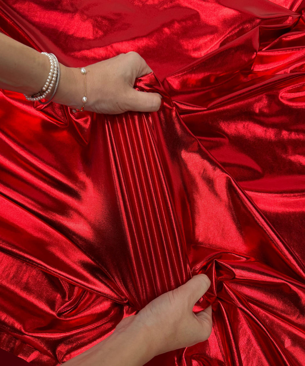 Metallic Red Foil Lame Spandex Fabric by the Yard, 4 Way Stretch Red Lame Fabric All Over Foil on stretch Knit for Costumes Dance Wear