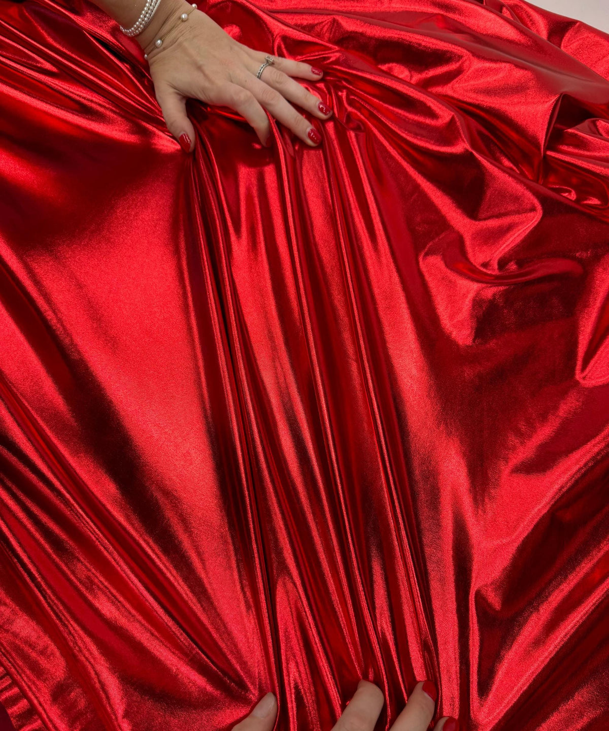 Metallic Red Foil Lame Spandex Fabric by the Yard, 4 Way Stretch Red Lame Fabric All Over Foil on stretch Knit for Costumes Dance Wear