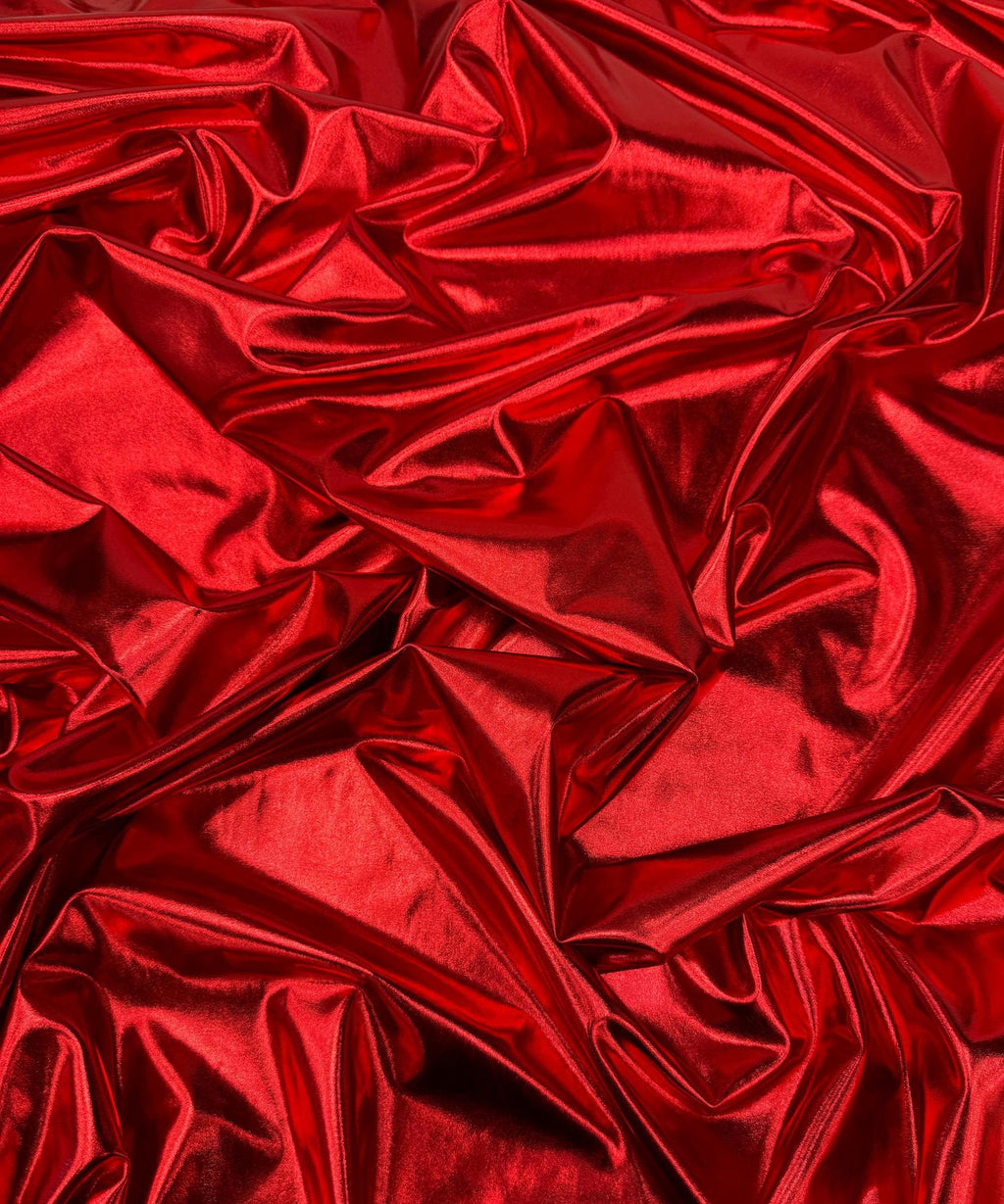 Metallic Red Foil Lame Spandex Fabric by the Yard, 4 Way Stretch Red Lame Fabric All Over Foil on stretch Knit for Costumes Dance Wear