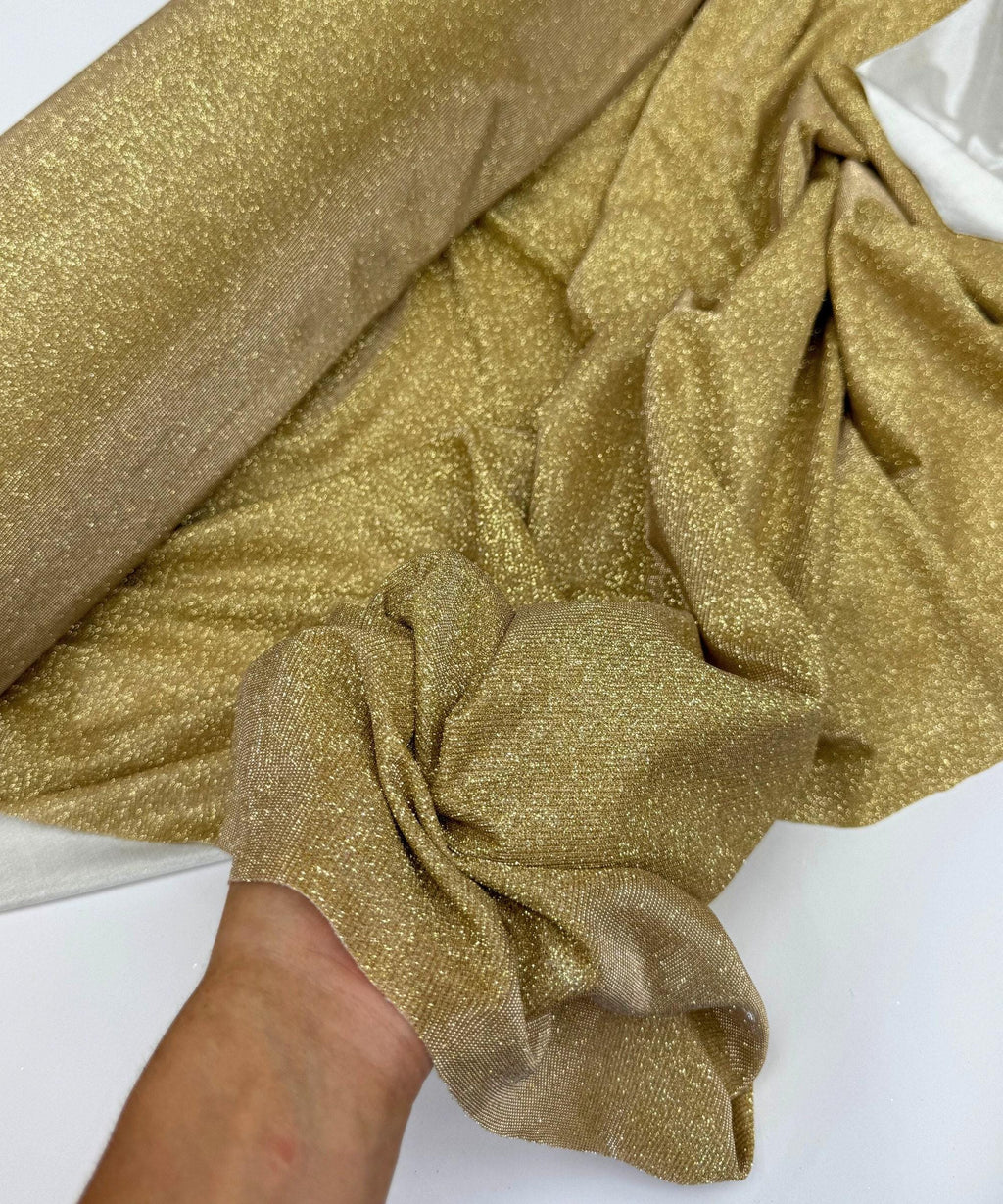 Gold Metallic Lurex Glitter Fabric, Gold Glitter Spandex Knit Fabric by the Yard, Sparkle Gold Shimmer Fabric for Evening Gowns, Backdrops
