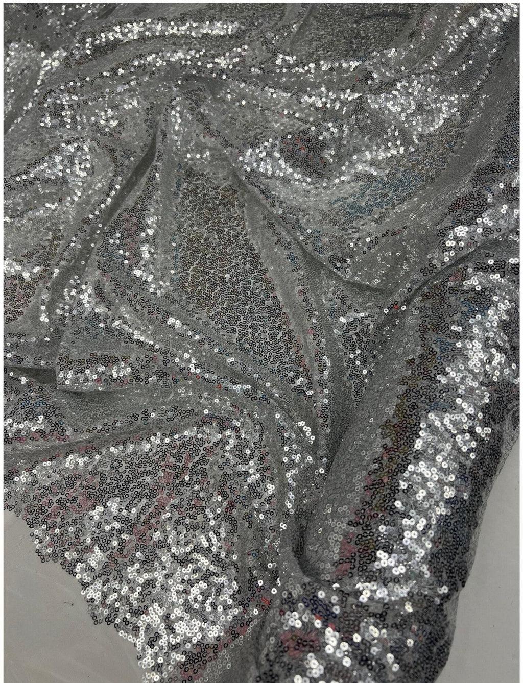 Silver Iridescent Sequin Fabric – Shiny Stretch Mesh by the Yard for Party Dresses, Stage Wear & Event Backdrops