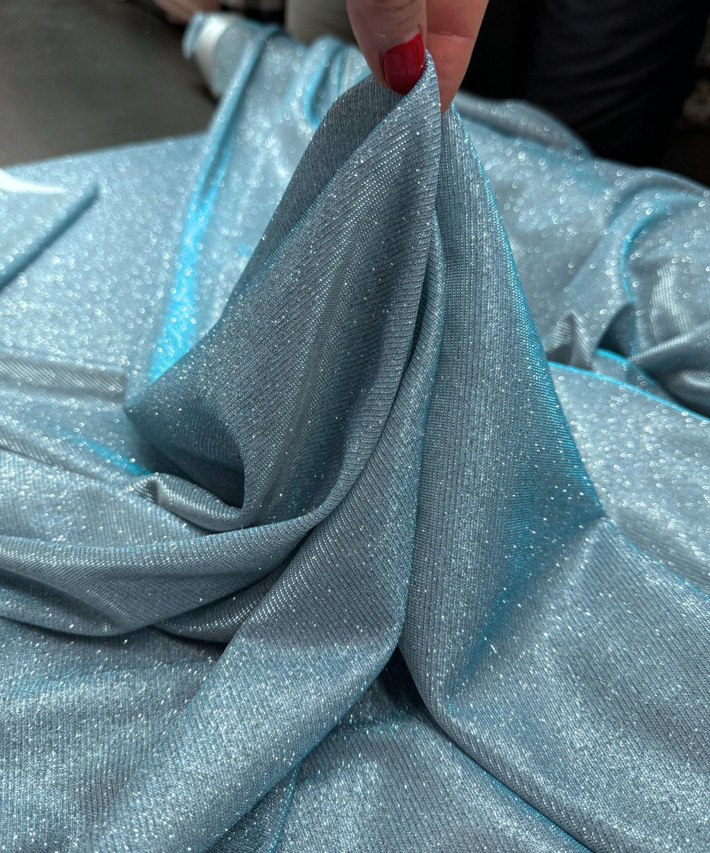 Aqua Blue Metallic Lurex Glitter Fabric, Aqua Glitter Spandex Knit Fabric by the Yard, Sparkle Aqua Blue Shimmer Fabric for Evening Gowns