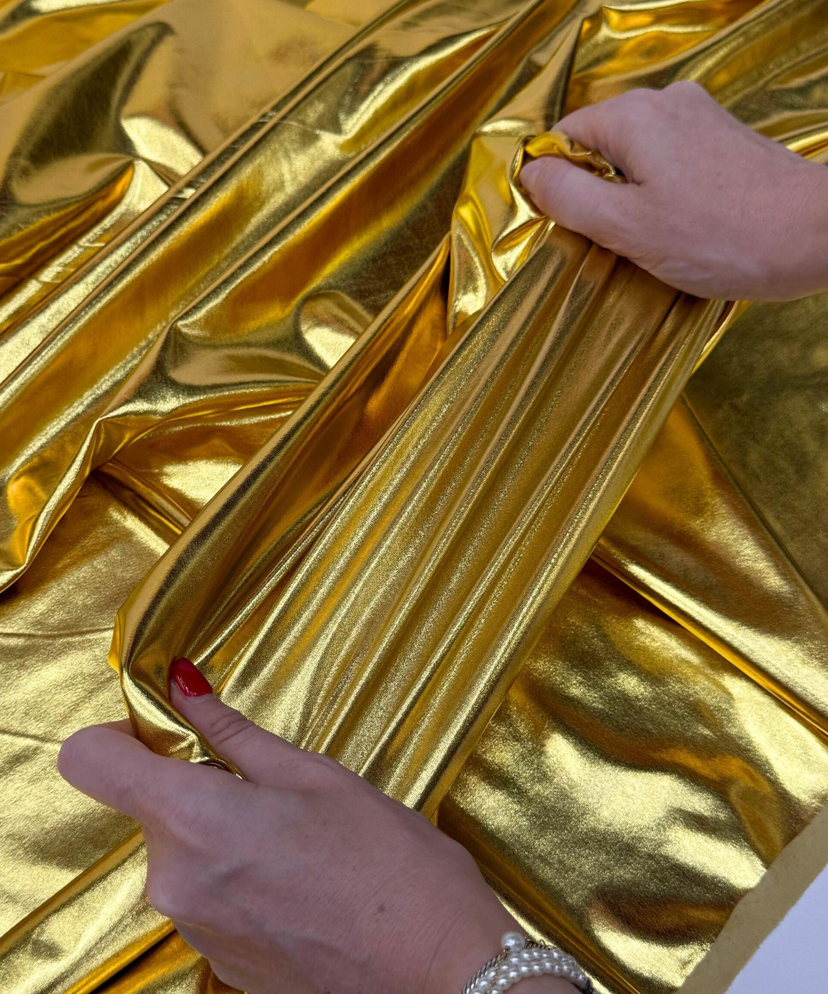 Metallic Gold Foil Lame Spandex Fabric by the Yard, 4 Way Stretch Gold Lame Fabric, All Over Foil on stretch Knit for Costumes, Dance Wear