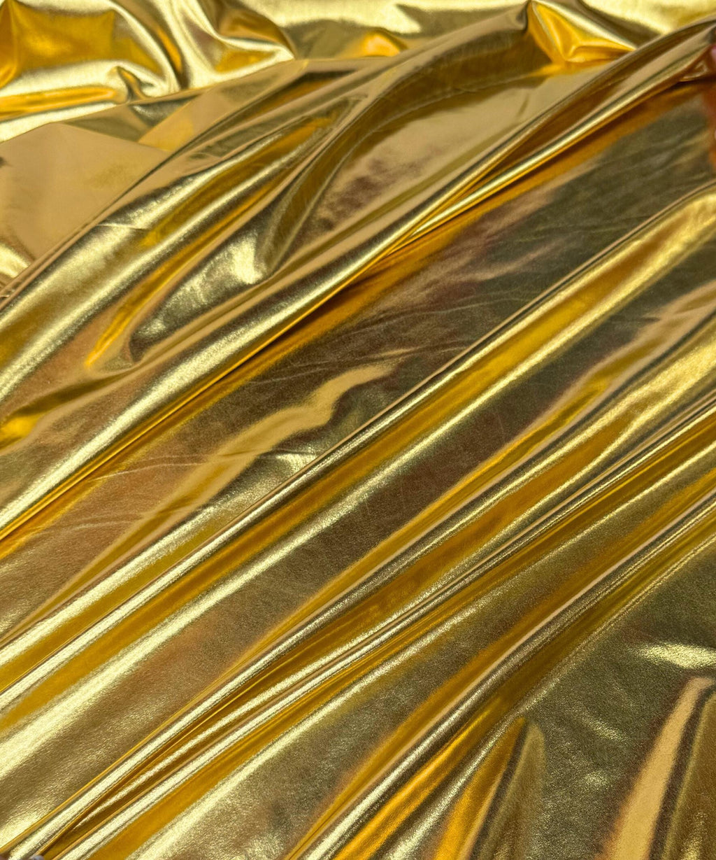 Metallic Gold Foil Lame Spandex Fabric by the Yard, 4 Way Stretch Gold Lame Fabric, All Over Foil on stretch Knit for Costumes, Dance Wear
