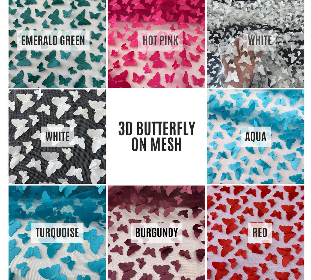 3D Butterfly Tulle Fabric, Butterfly Embroidery on Mesh, 3D Butterfly Lace Fabric, All Over Butterfly Fabric, 3D Lace by the Yard, 58/60"