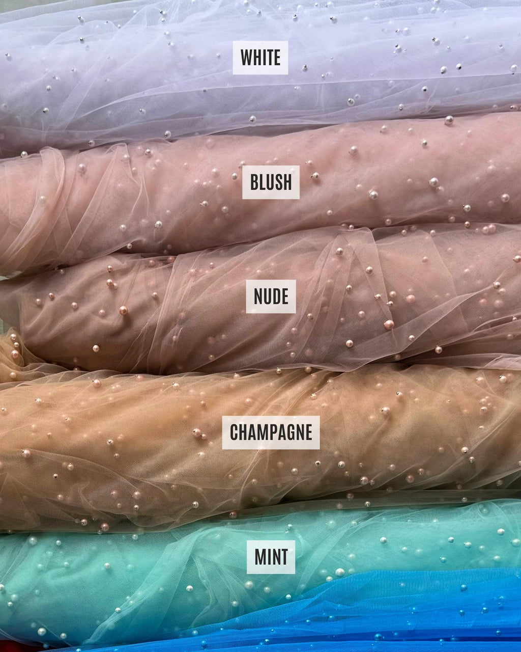 Pearl Tulle Fabric, Tulle Lace Fabric with Pearls, Scattered Pearls Studded Mesh, 2-Way Stretch Pearl Beaded Tulle Fabric by the yard