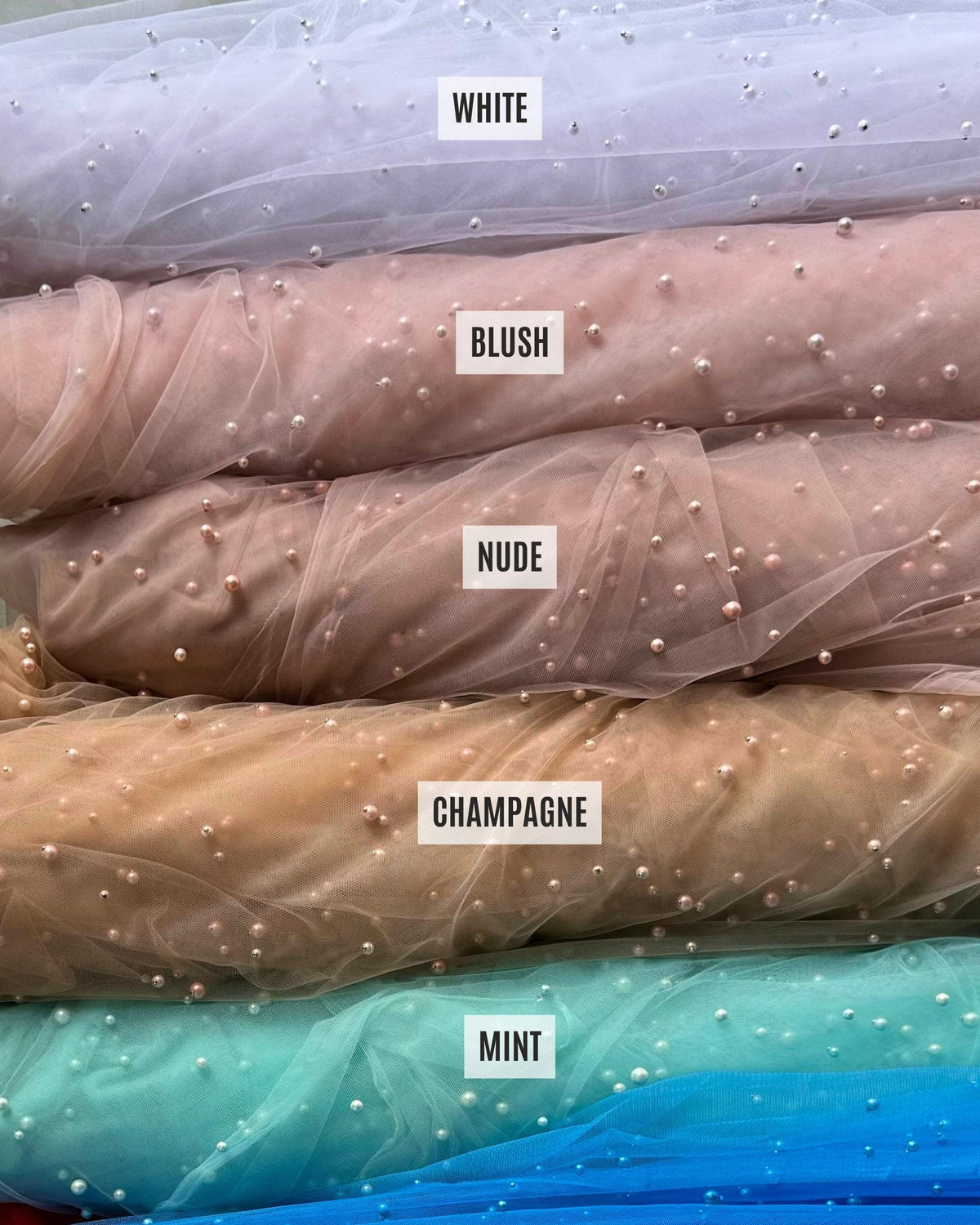 Pearl Tulle Fabric, Tulle Lace Fabric with Pearls, Scattered Pearls Studded Mesh, 2-Way Stretch Pearl Beaded Tulle Fabric by the yard