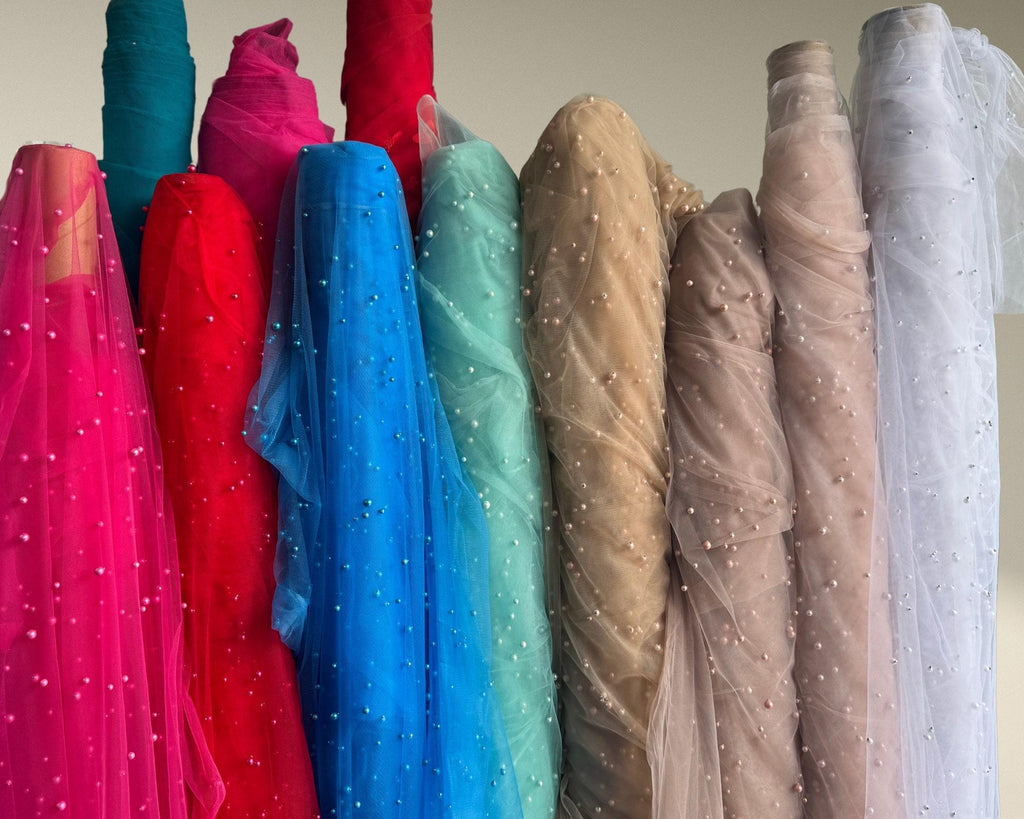 Pearl Tulle Fabric, Tulle Lace Fabric with Pearls, Scattered Pearls Studded Mesh, 2-Way Stretch Pearl Beaded Tulle Fabric by the yard