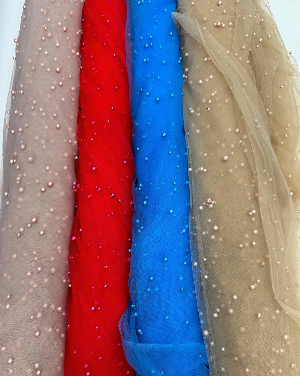 Pearl Tulle Fabric, Tulle Lace Fabric with Pearls, Scattered Pearls Studded Mesh, 2-Way Stretch Pearl Beaded Tulle Fabric by the yard