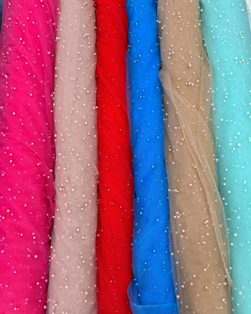 Pearl Tulle Fabric, Tulle Lace Fabric with Pearls, Scattered Pearls Studded Mesh, 2-Way Stretch Pearl Beaded Tulle Fabric by the yard