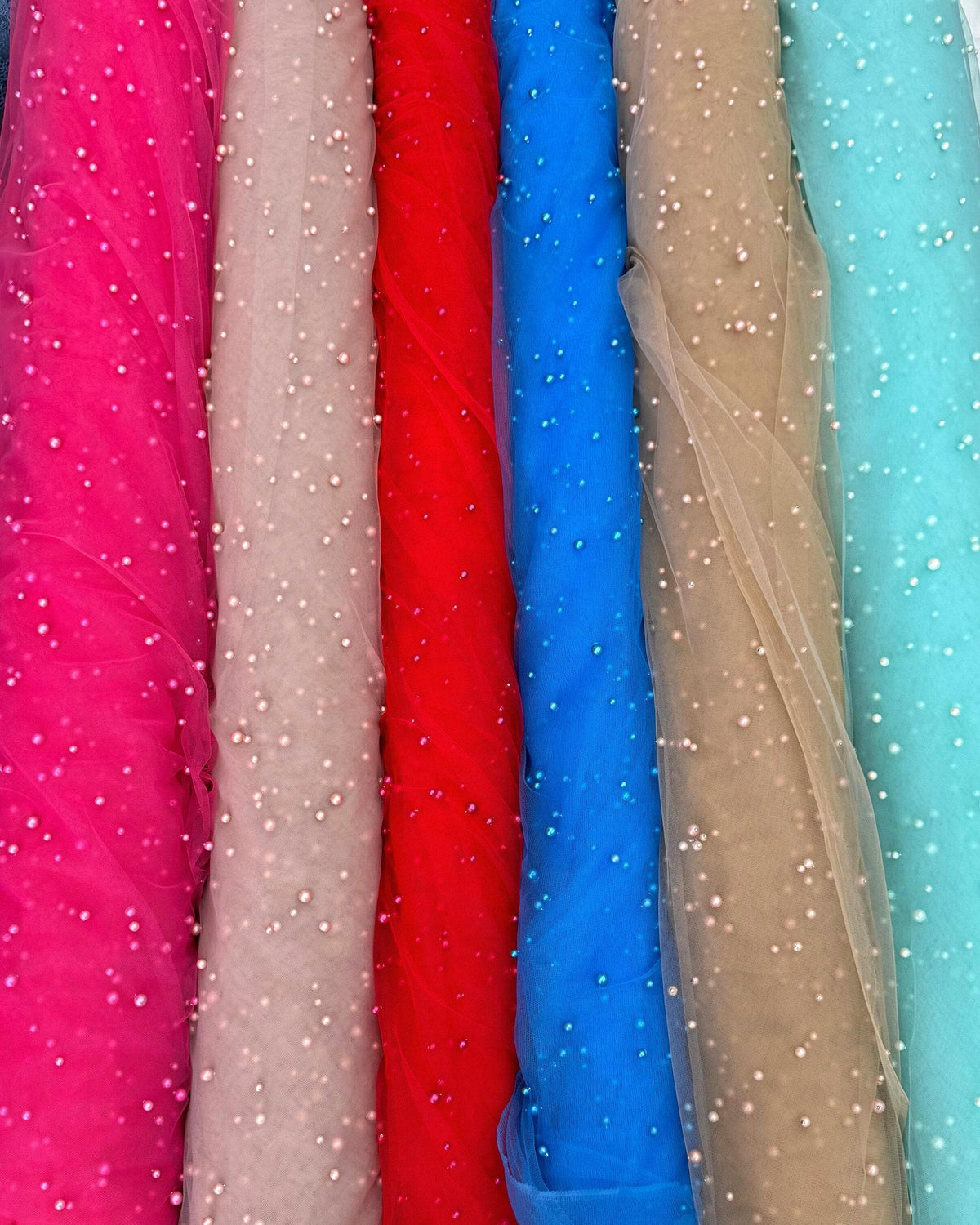 Pearl Tulle Fabric, Tulle Lace Fabric with Pearls, Scattered Pearls Studded Mesh, 2-Way Stretch Pearl Beaded Tulle Fabric by the yard
