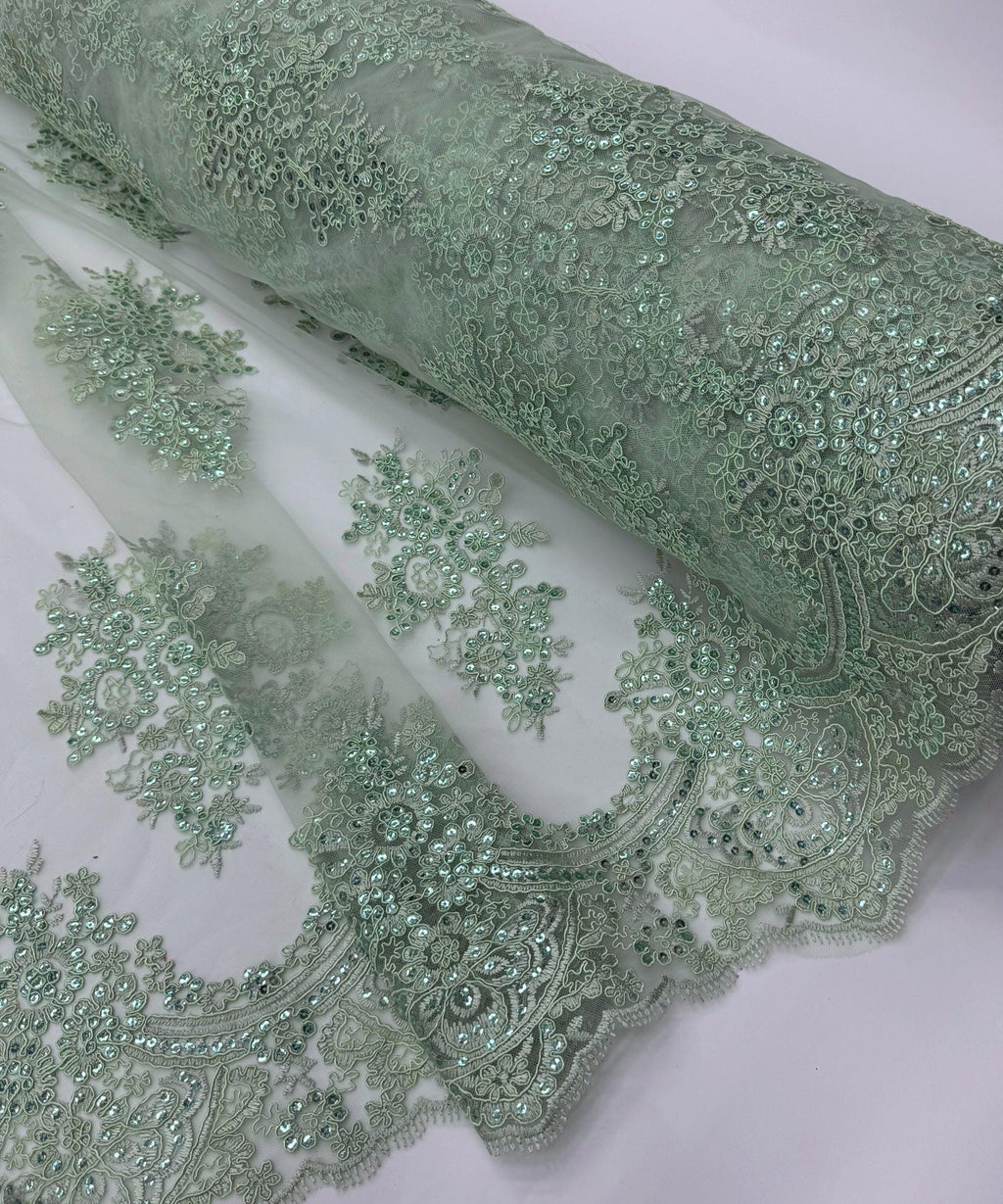 Sage Green Floral Lace by the Yard, Embroidered Sage Green Lace Fabric with Sequins, Sage Lace Embroidery with Sequins on Mesh Lace Fabric