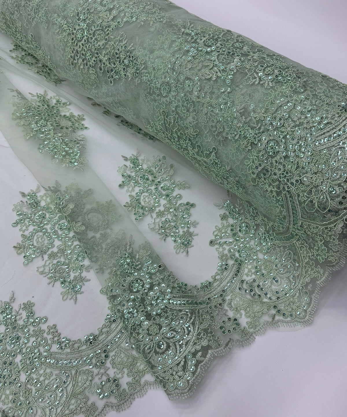 Sage Green Floral Lace by the Yard, Embroidered Sage Green Lace Fabric with Sequins, Sage Lace Embroidery with Sequins on Mesh Lace Fabric