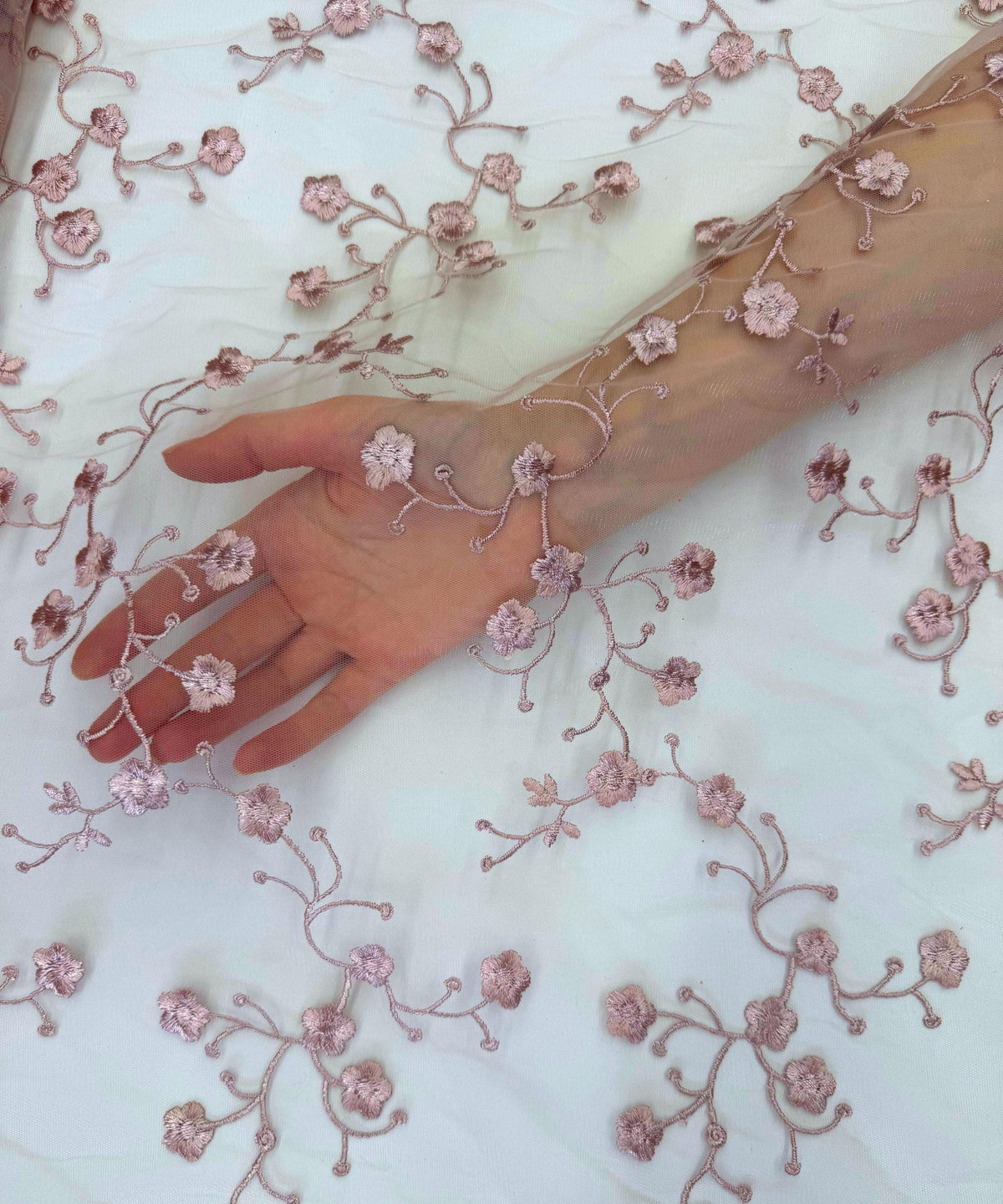 Blush Pink Embroidered Floral Lace Fabric, Floral Embroidery on Mesh Blush Lace Fabric by the Yard, Scalloped Bridal Lace for Wedding Dress