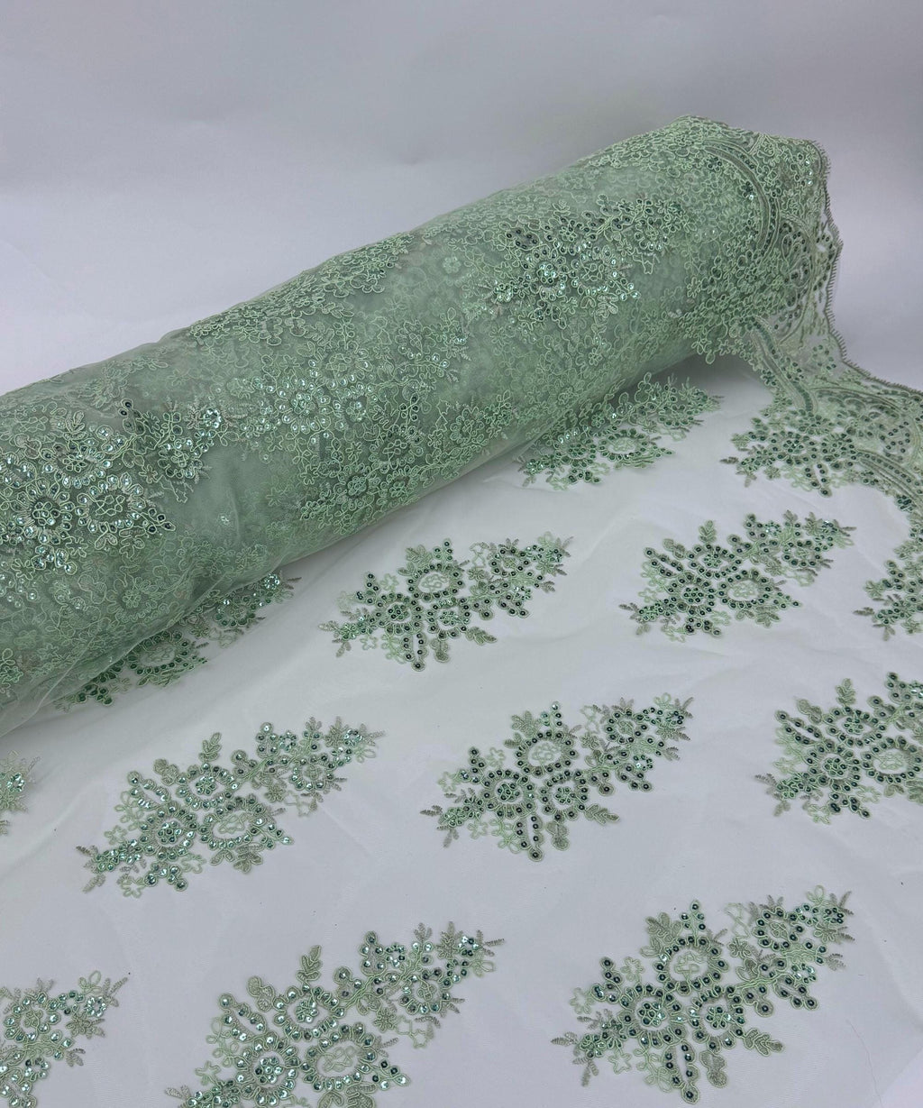 Sage Green Floral Lace by the Yard, Embroidered Sage Green Lace Fabric with Sequins, Sage Lace Embroidery with Sequins on Mesh Lace Fabric
