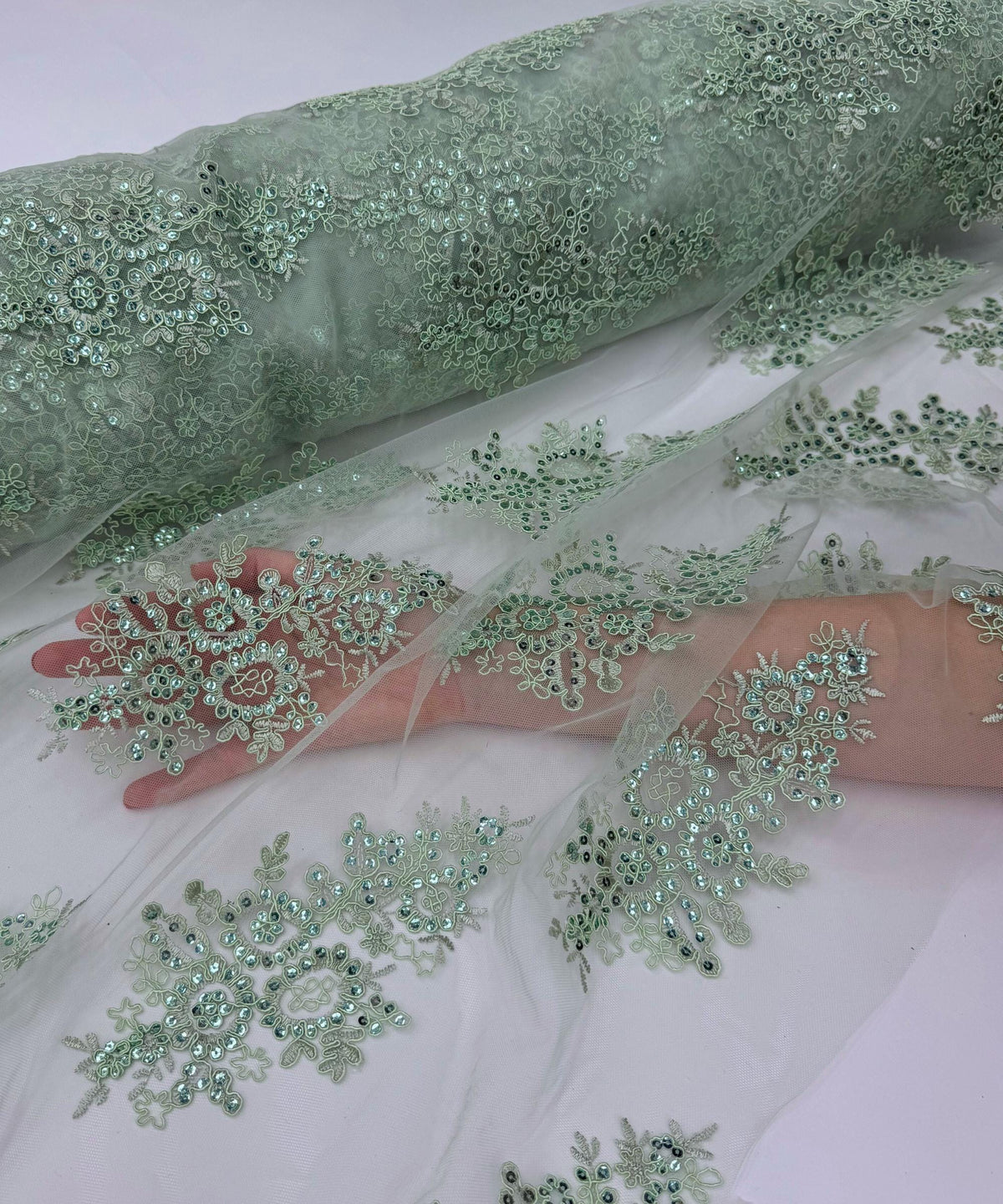 Sage Green Floral Lace by the Yard, Embroidered Sage Green Lace Fabric with Sequins, Sage Lace Embroidery with Sequins on Mesh Lace Fabric