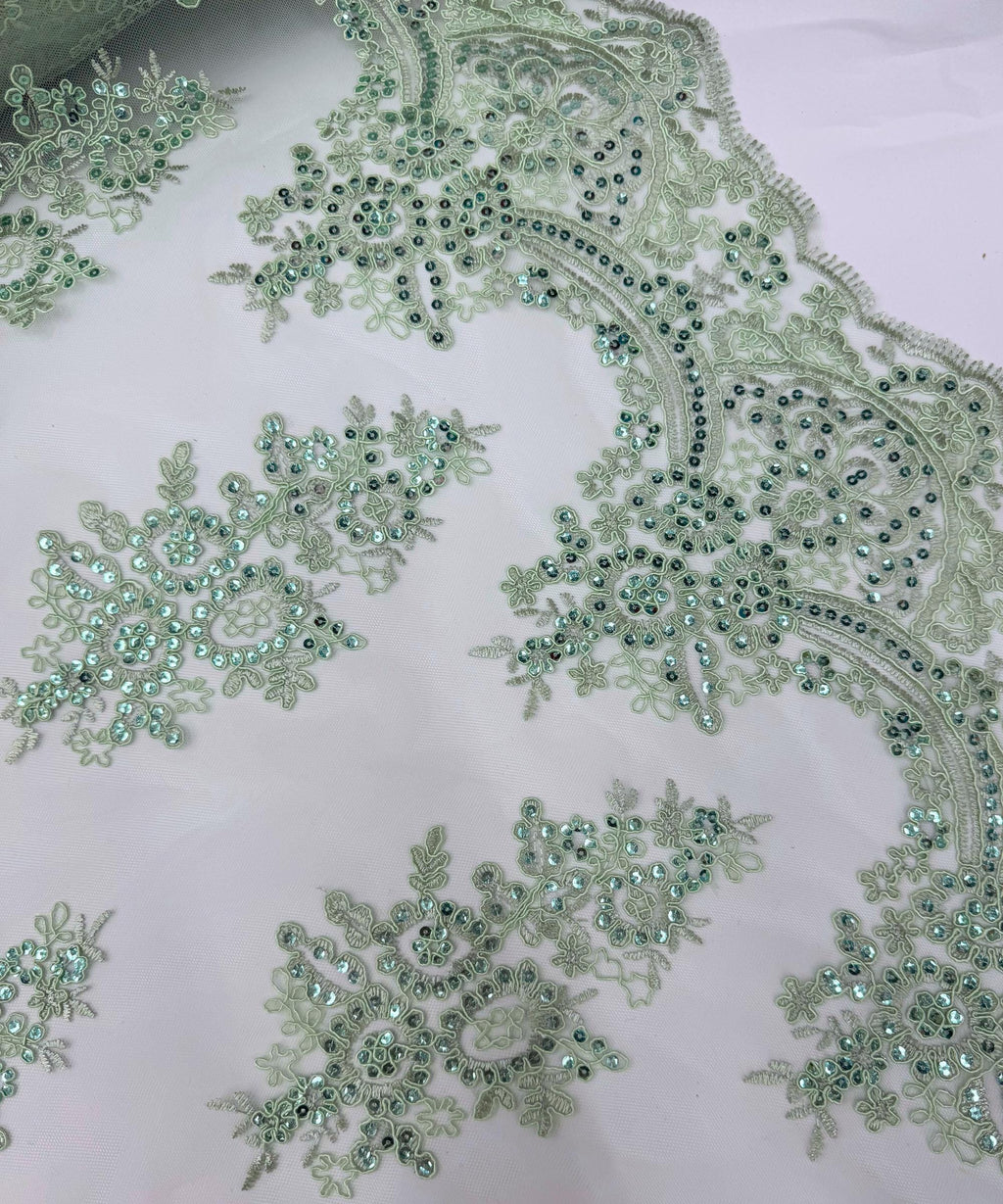 Sage Green Floral Lace by the Yard, Embroidered Sage Green Lace Fabric with Sequins, Sage Lace Embroidery with Sequins on Mesh Lace Fabric
