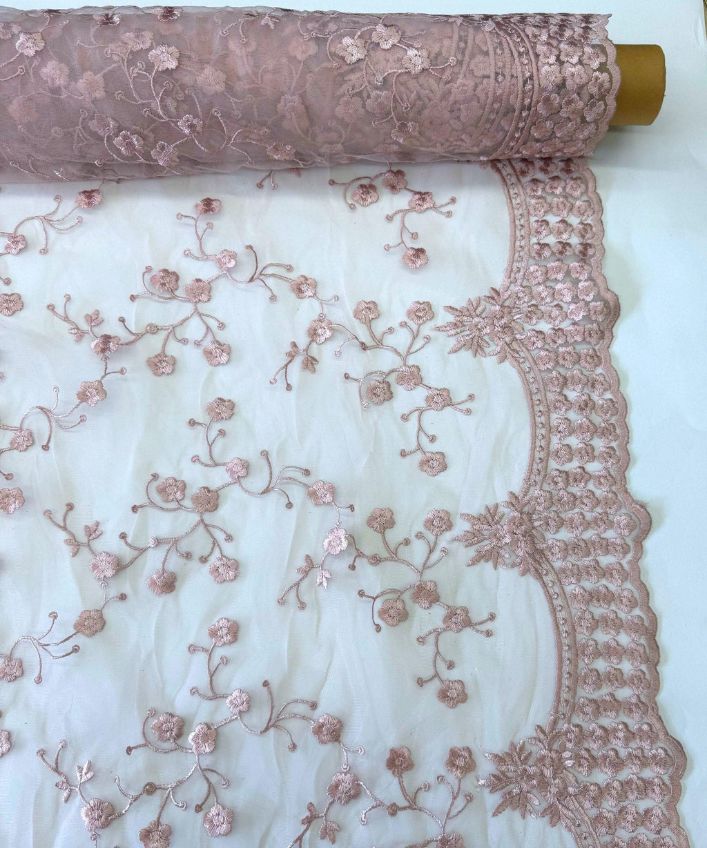 Blush Pink Embroidered Floral Lace Fabric, Floral Embroidery on Mesh Blush Lace Fabric by the Yard, Scalloped Bridal Lace for Wedding Dress