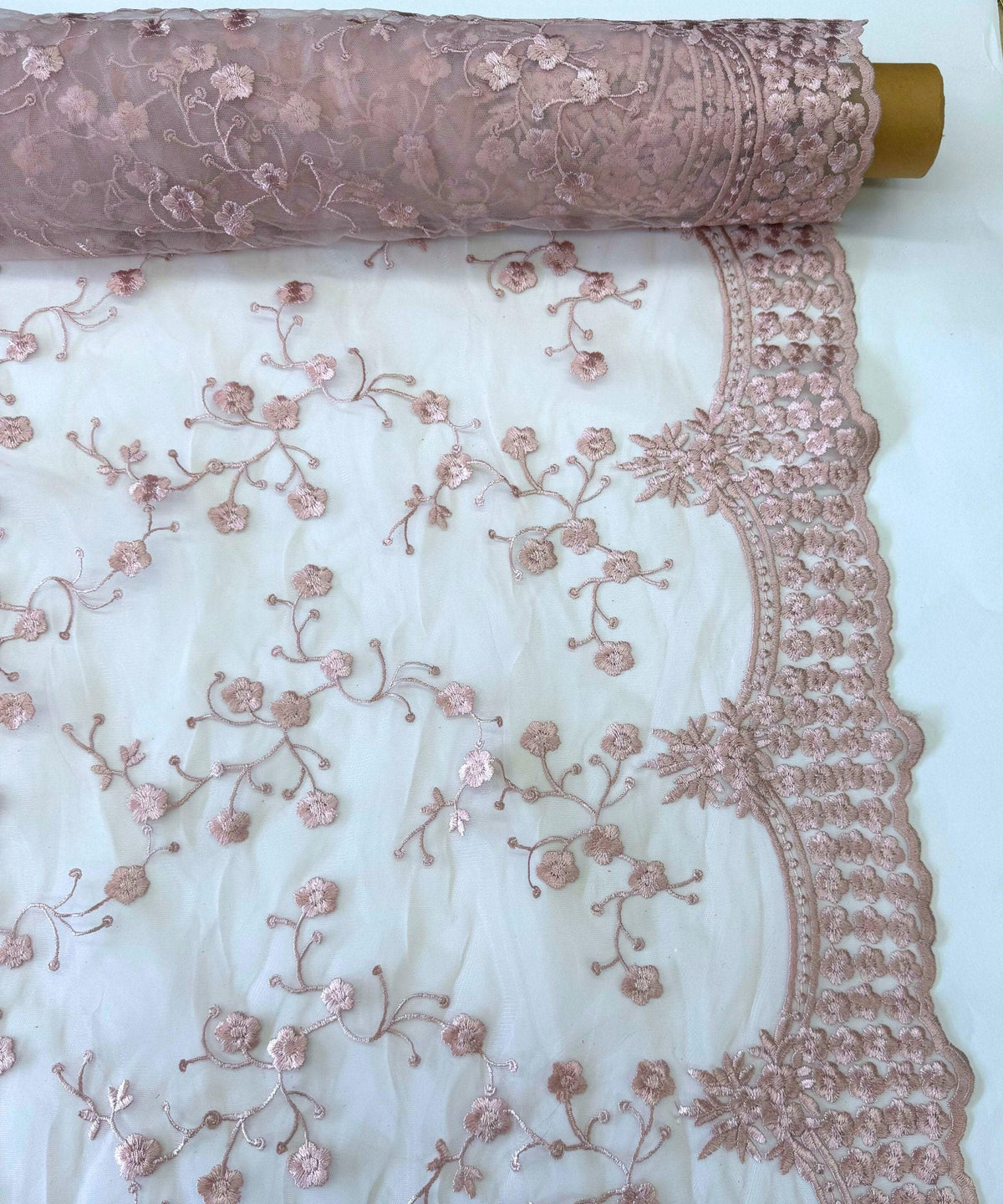 Blush Pink Embroidered Floral Lace Fabric, Floral Embroidery on Mesh Blush Lace Fabric by the Yard, Scalloped Bridal Lace for Wedding Dress
