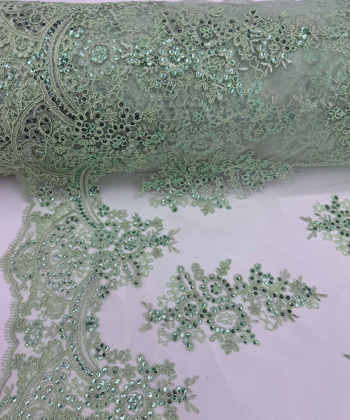 Sage Green Floral Lace by the Yard, Embroidered Sage Green Lace Fabric with Sequins, Sage Lace Embroidery with Sequins on Mesh Lace Fabric
