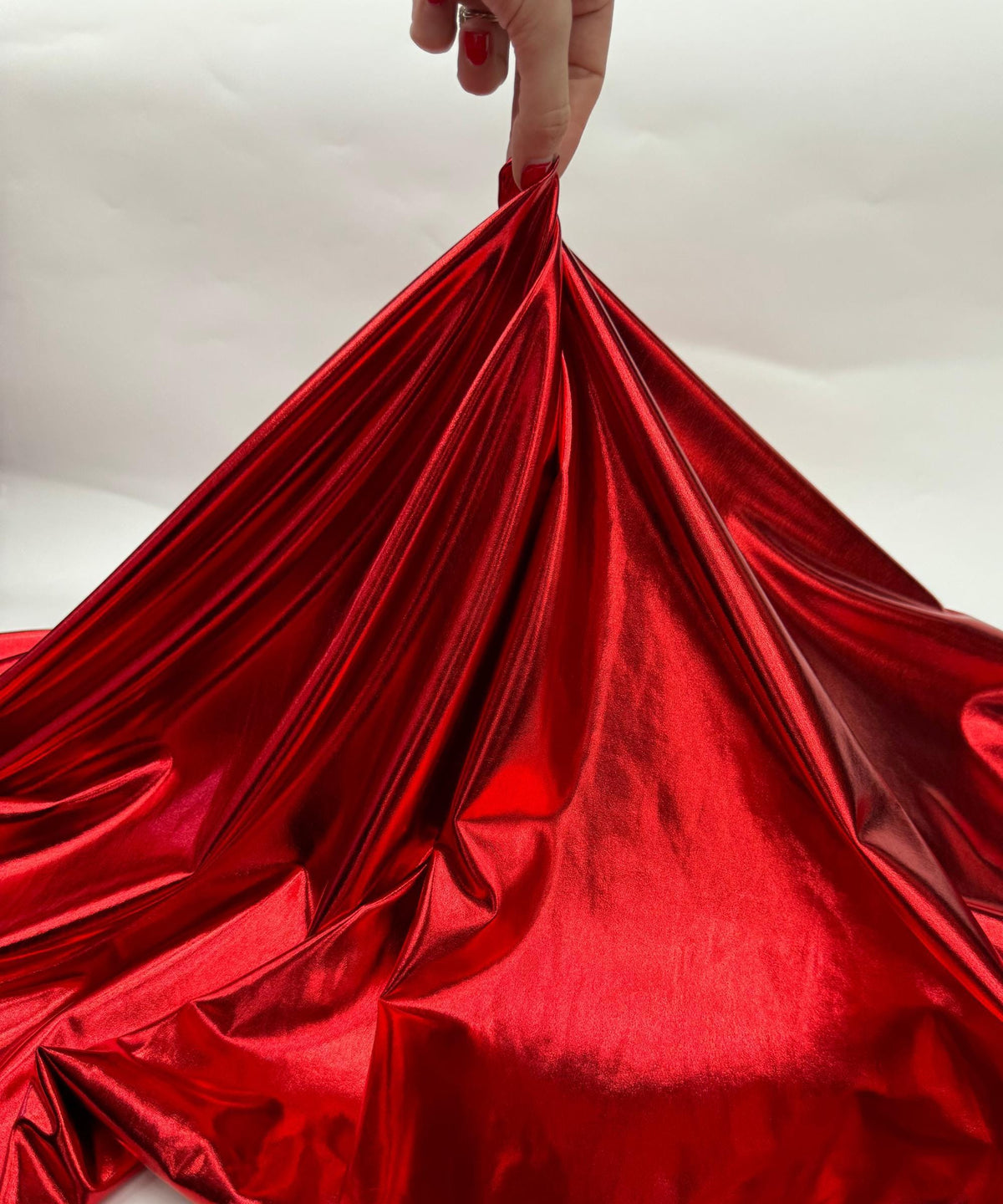 Metallic Red Foil Lame Spandex Fabric by the Yard, 4 Way Stretch Red Lame Fabric All Over Foil on stretch Knit for Costumes Dance Wear