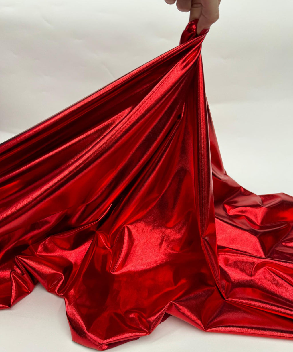 Metallic Red Foil Lame Spandex Fabric by the Yard, 4 Way Stretch Red Lame Fabric All Over Foil on stretch Knit for Costumes Dance Wear