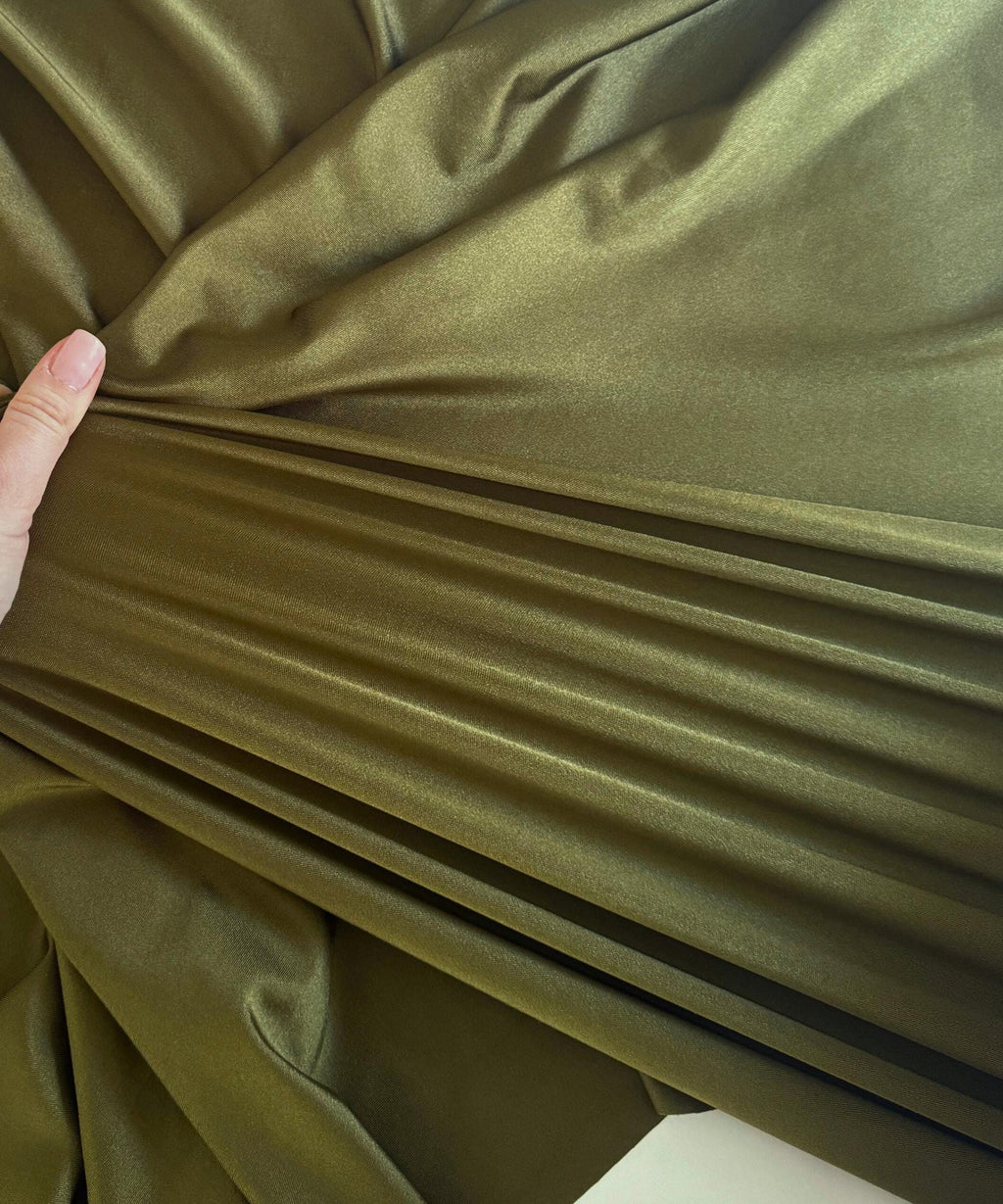 Olive Shiny Milliskin Nylon Spandex Fabric by the Yard 60" Wide, 4-Way Silky Stretch Olive Spandex Fabric for Swimwear, Gowns, Activewear
