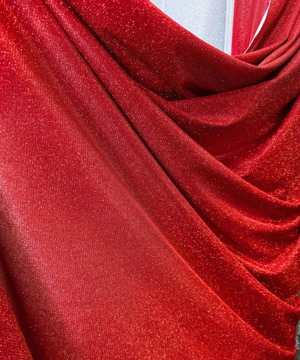 Red Lurex Glitter Fabric, Red Glitter Spandex Knit Fabric by the Yard, Sparkle Red Shimmer Fabric for Evening Gowns, Backdrops, Costumes