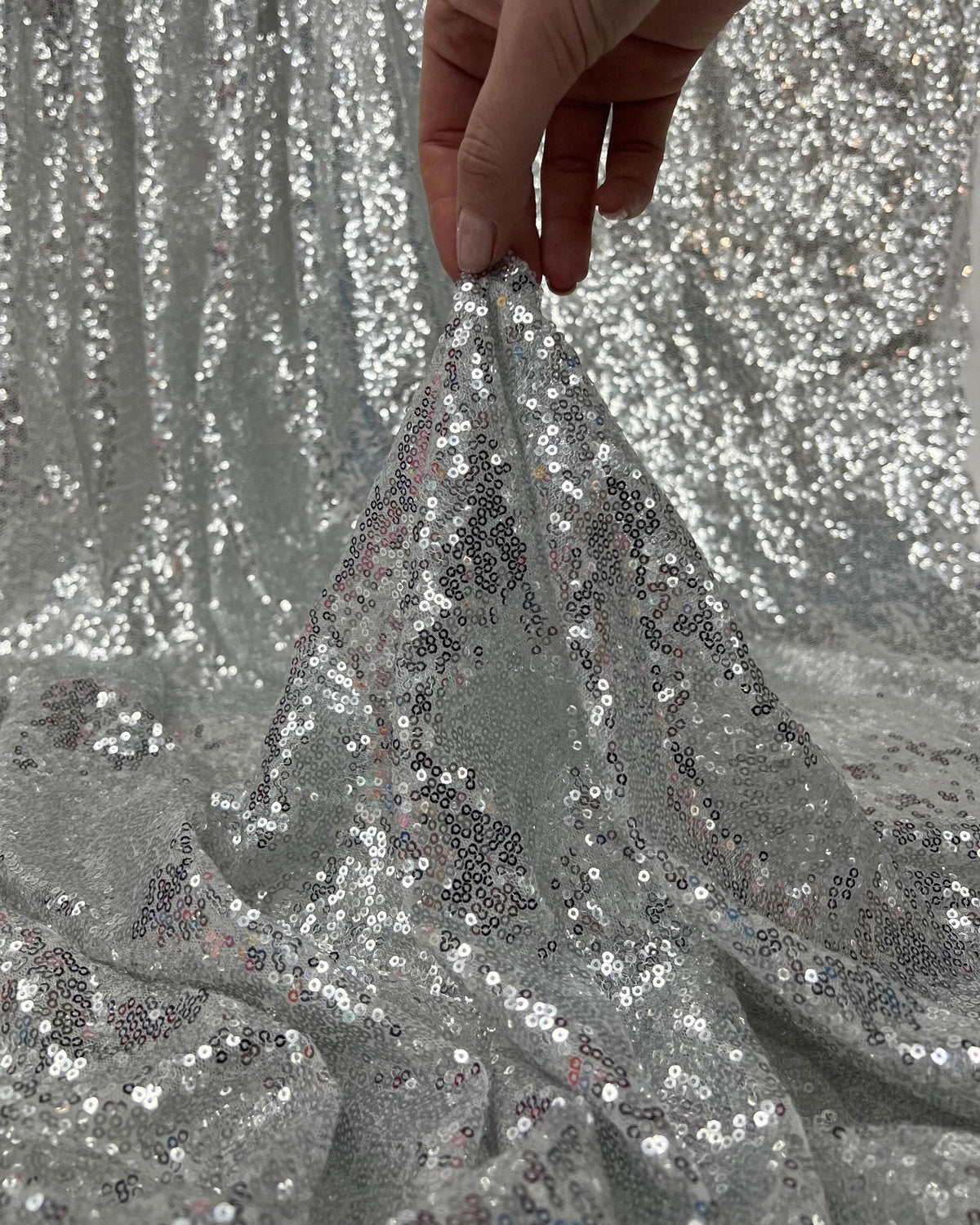 Silver Iridescent Sequin Fabric – Shiny Stretch Mesh by the Yard for Party Dresses, Stage Wear & Event Backdrops