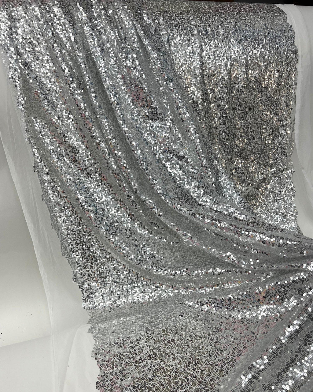 Silver Iridescent Sequin Fabric – Shiny Stretch Mesh by the Yard for Party Dresses, Stage Wear & Event Backdrops