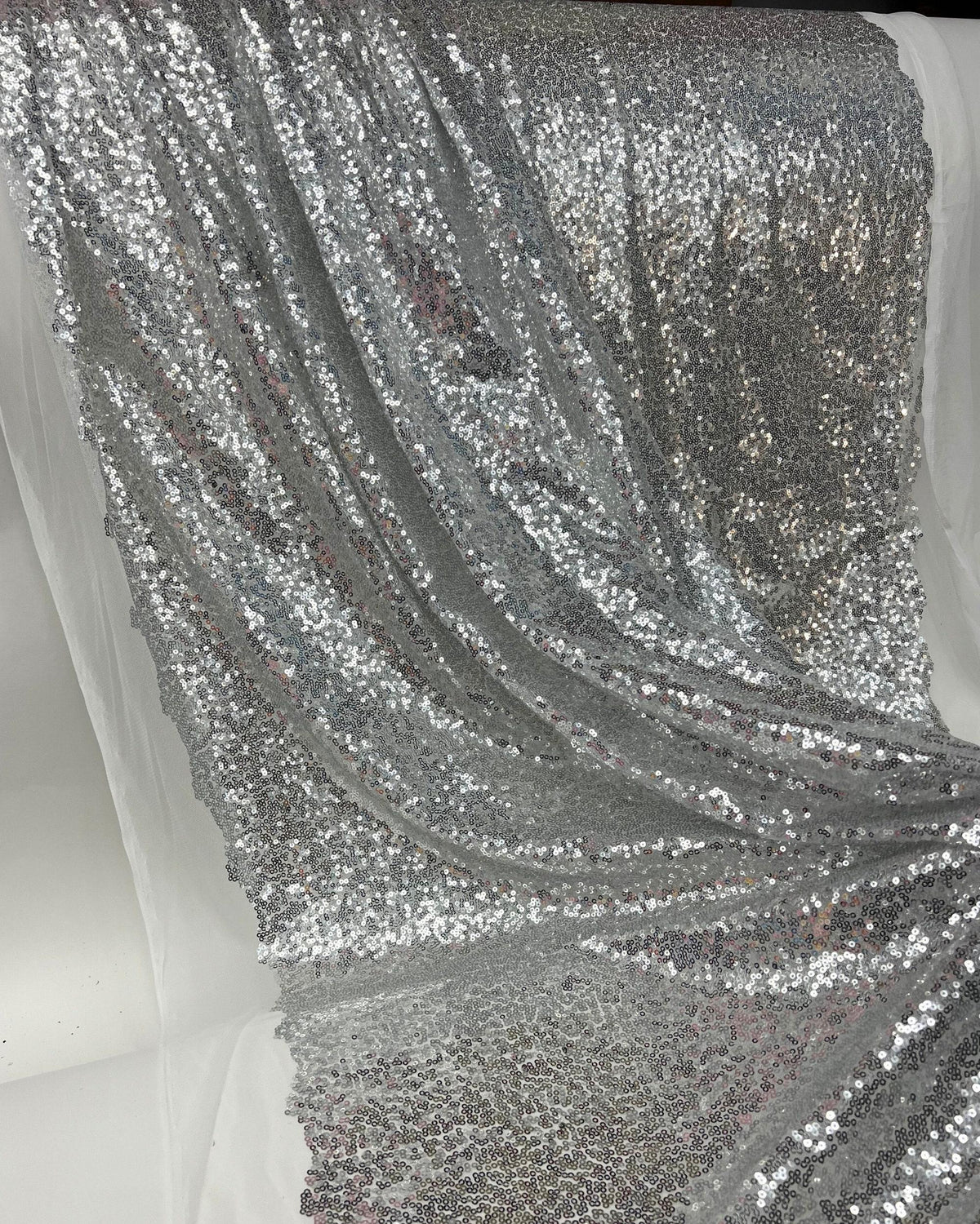 Silver Iridescent Sequin Fabric – Shiny Stretch Mesh by the Yard for Party Dresses, Stage Wear & Event Backdrops