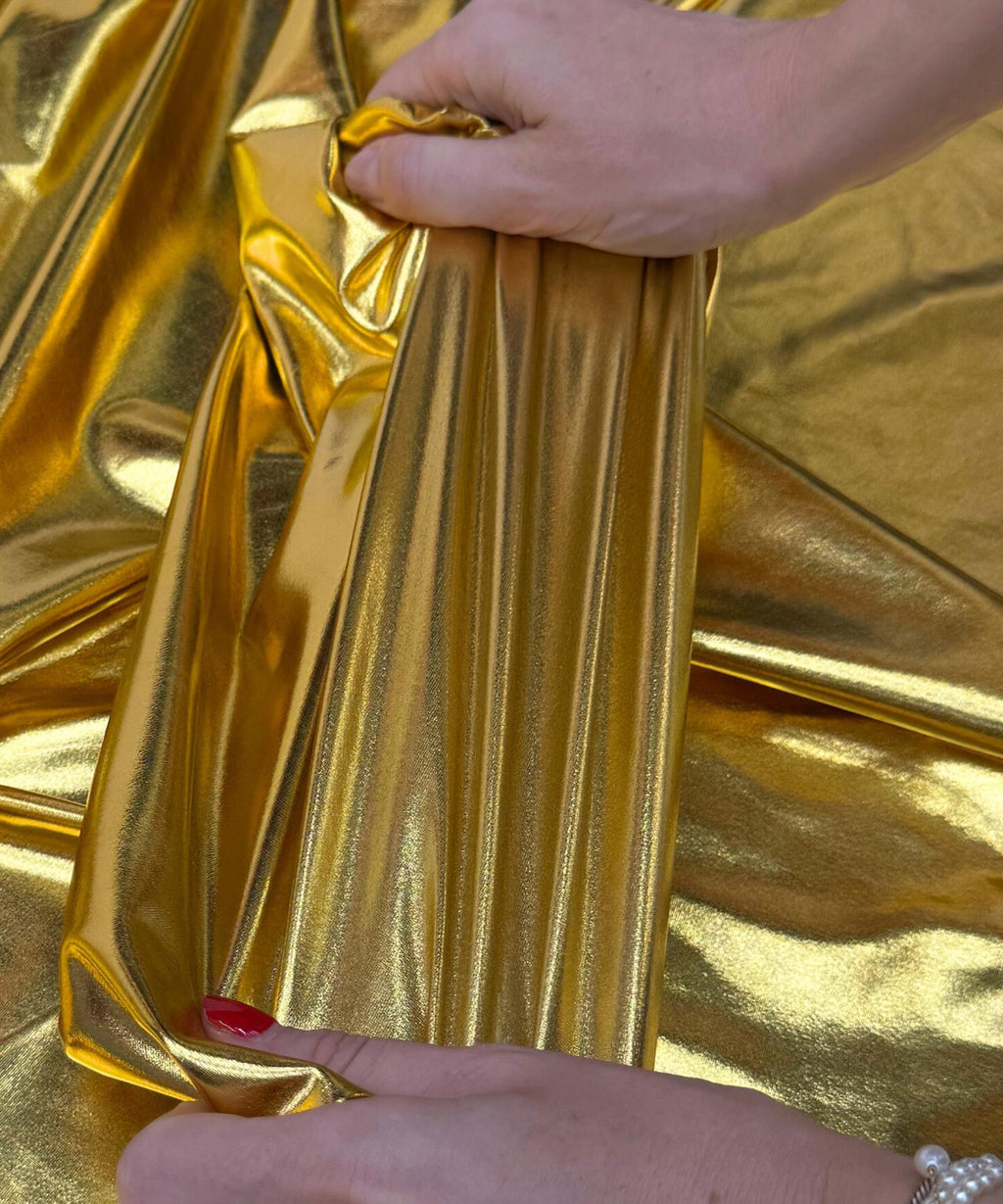 Metallic Gold Foil Lame Spandex Fabric by the Yard, 4 Way Stretch Gold Lame Fabric, All Over Foil on stretch Knit for Costumes, Dance Wear