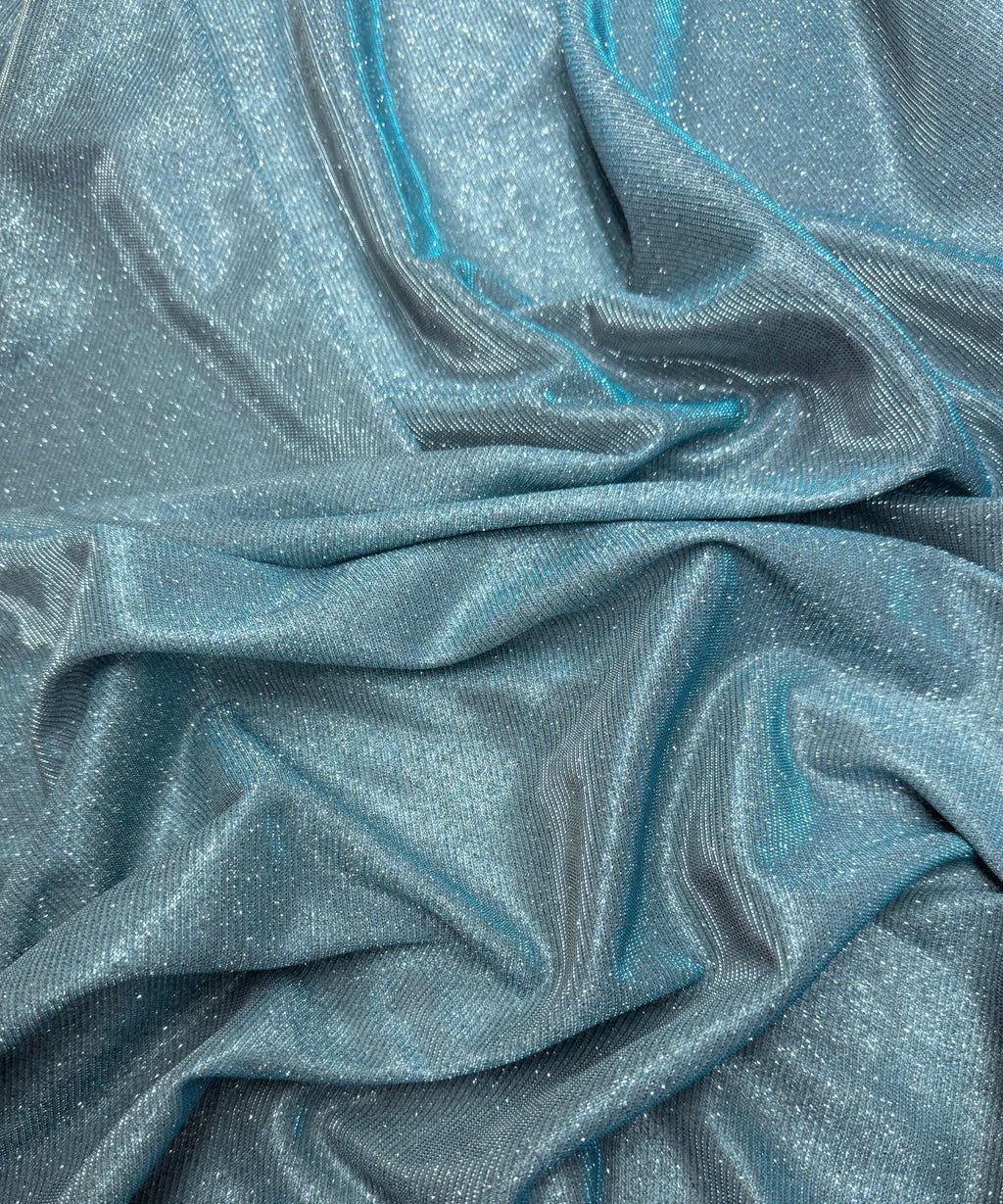 Aqua Blue Metallic Lurex Glitter Fabric, Aqua Glitter Spandex Knit Fabric by the Yard, Sparkle Aqua Blue Shimmer Fabric for Evening Gowns