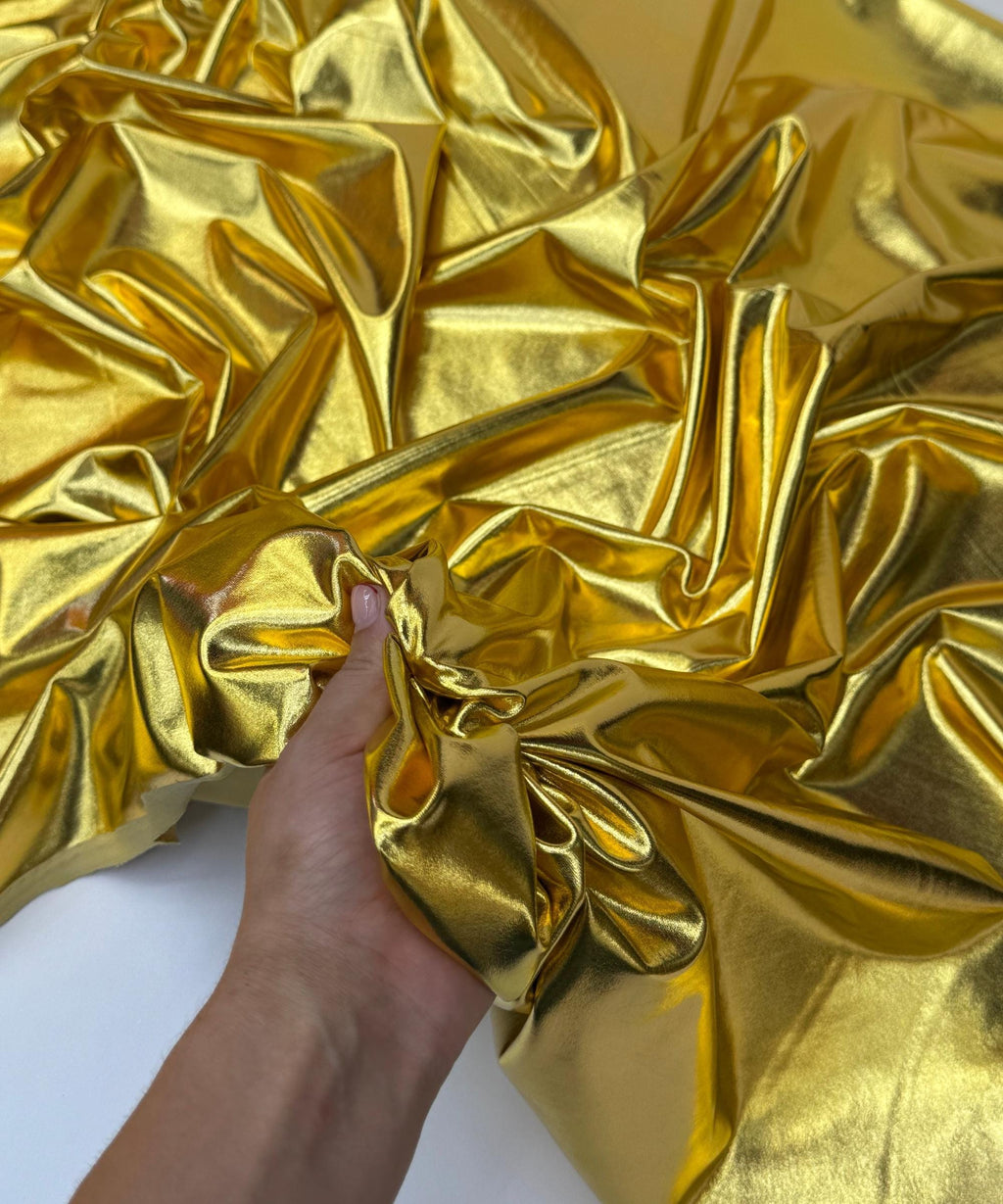 Metallic Gold Foil Lame Spandex Fabric by the Yard, 4 Way Stretch Gold Lame Fabric, All Over Foil on stretch Knit for Costumes, Dance Wear