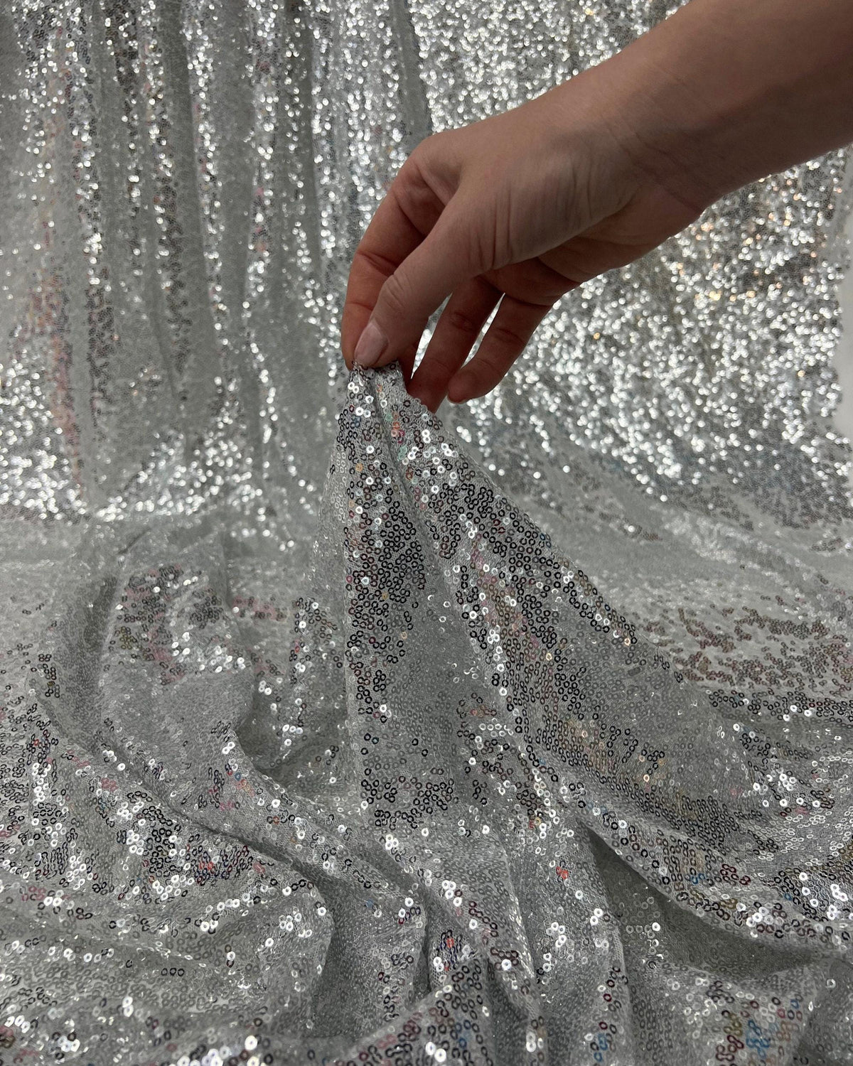 Silver Iridescent Sequin Fabric – Shiny Stretch Mesh by the Yard for Party Dresses, Stage Wear & Event Backdrops