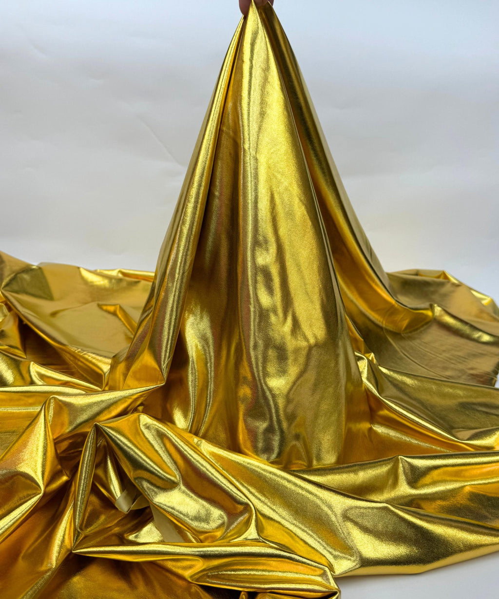 Metallic Gold Foil Lame Spandex Fabric by the Yard, 4 Way Stretch Gold Lame Fabric, All Over Foil on stretch Knit for Costumes, Dance Wear