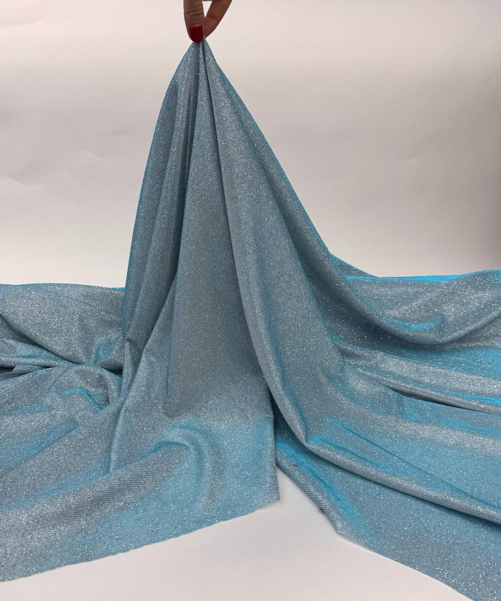 Aqua Blue Metallic Lurex Glitter Fabric, Aqua Glitter Spandex Knit Fabric by the Yard, Sparkle Aqua Blue Shimmer Fabric for Evening Gowns