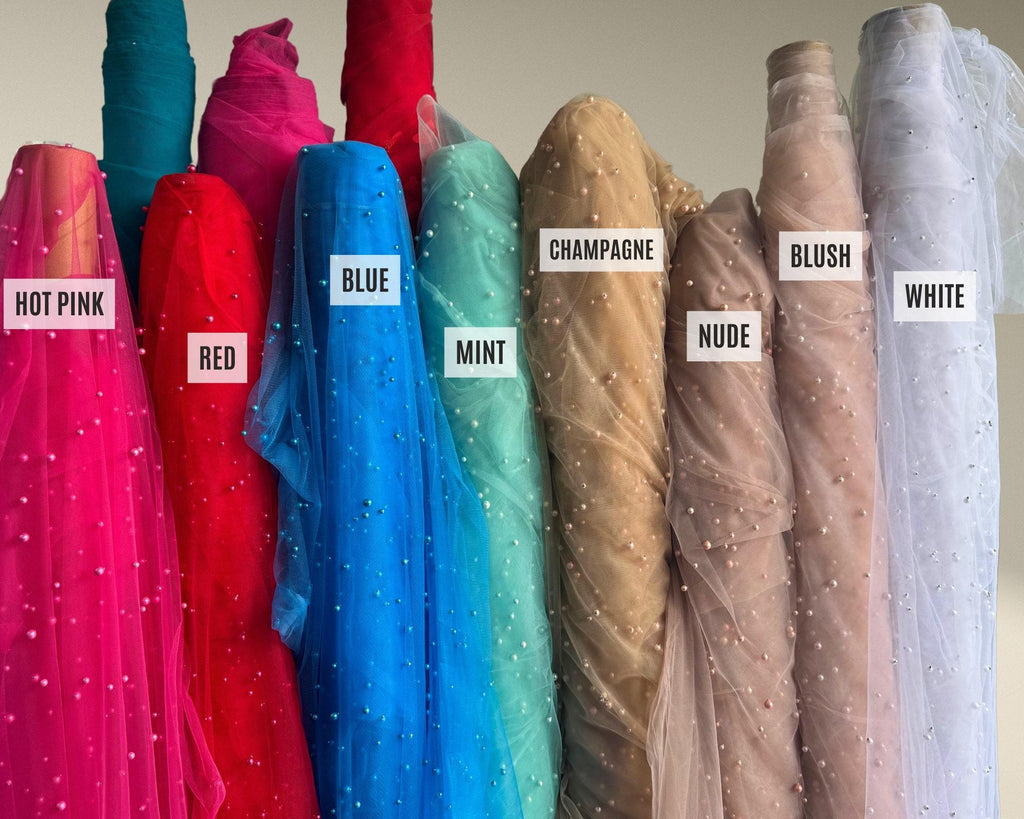 Pearl Tulle Fabric, Tulle Lace Fabric with Pearls, Scattered Pearls Studded Mesh, 2-Way Stretch Pearl Beaded Tulle Fabric by the yard