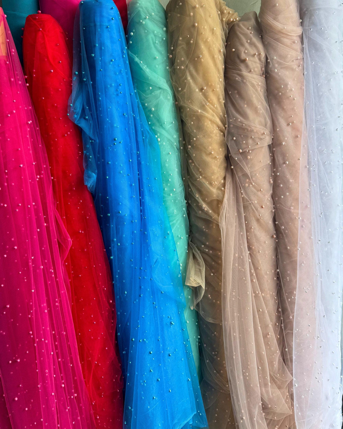 Pearl Tulle Fabric, Tulle Lace Fabric with Pearls, Scattered Pearls Studded Mesh, 2-Way Stretch Pearl Beaded Tulle Fabric by the yard