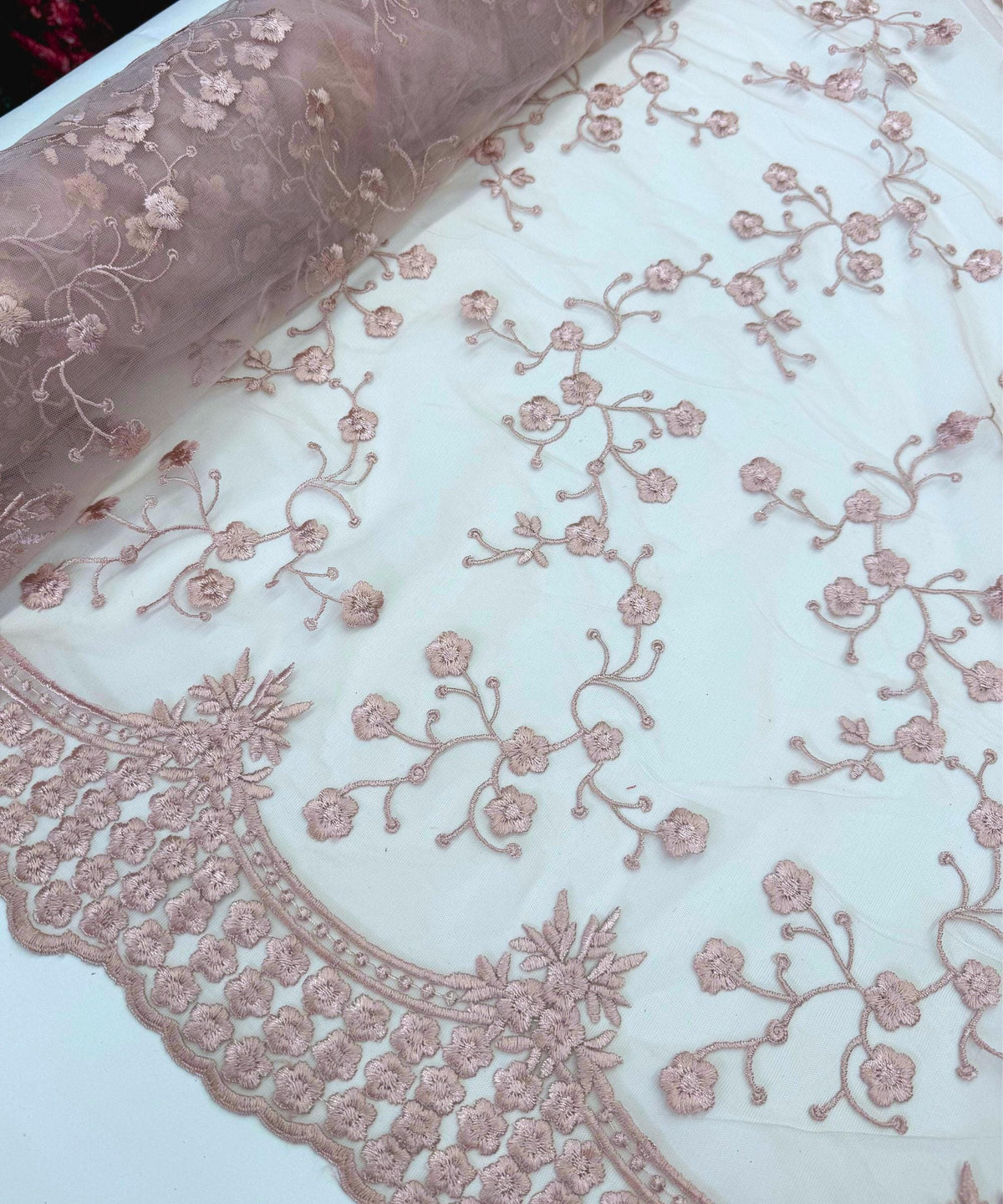 Blush Pink Embroidered Floral Lace Fabric, Floral Embroidery on Mesh Blush Lace Fabric by the Yard, Scalloped Bridal Lace for Wedding Dress