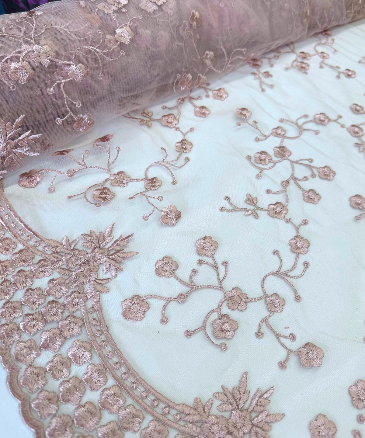 Blush Pink Embroidered Floral Lace Fabric, Floral Embroidery on Mesh Blush Lace Fabric by the Yard, Scalloped Bridal Lace for Wedding Dress