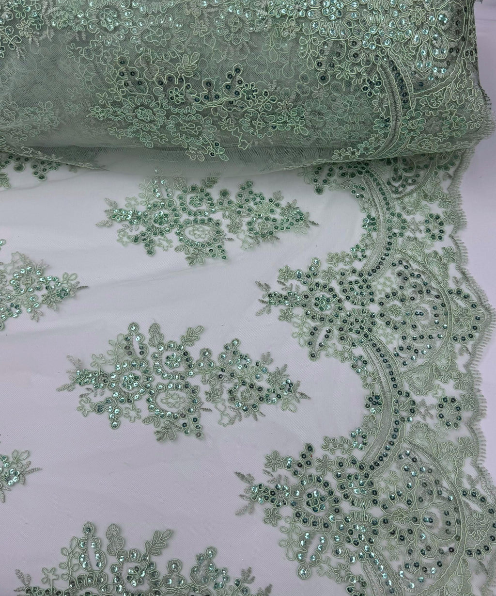 Sage Green Floral Lace by the Yard, Embroidered Sage Green Lace Fabric with Sequins, Sage Lace Embroidery with Sequins on Mesh Lace Fabric