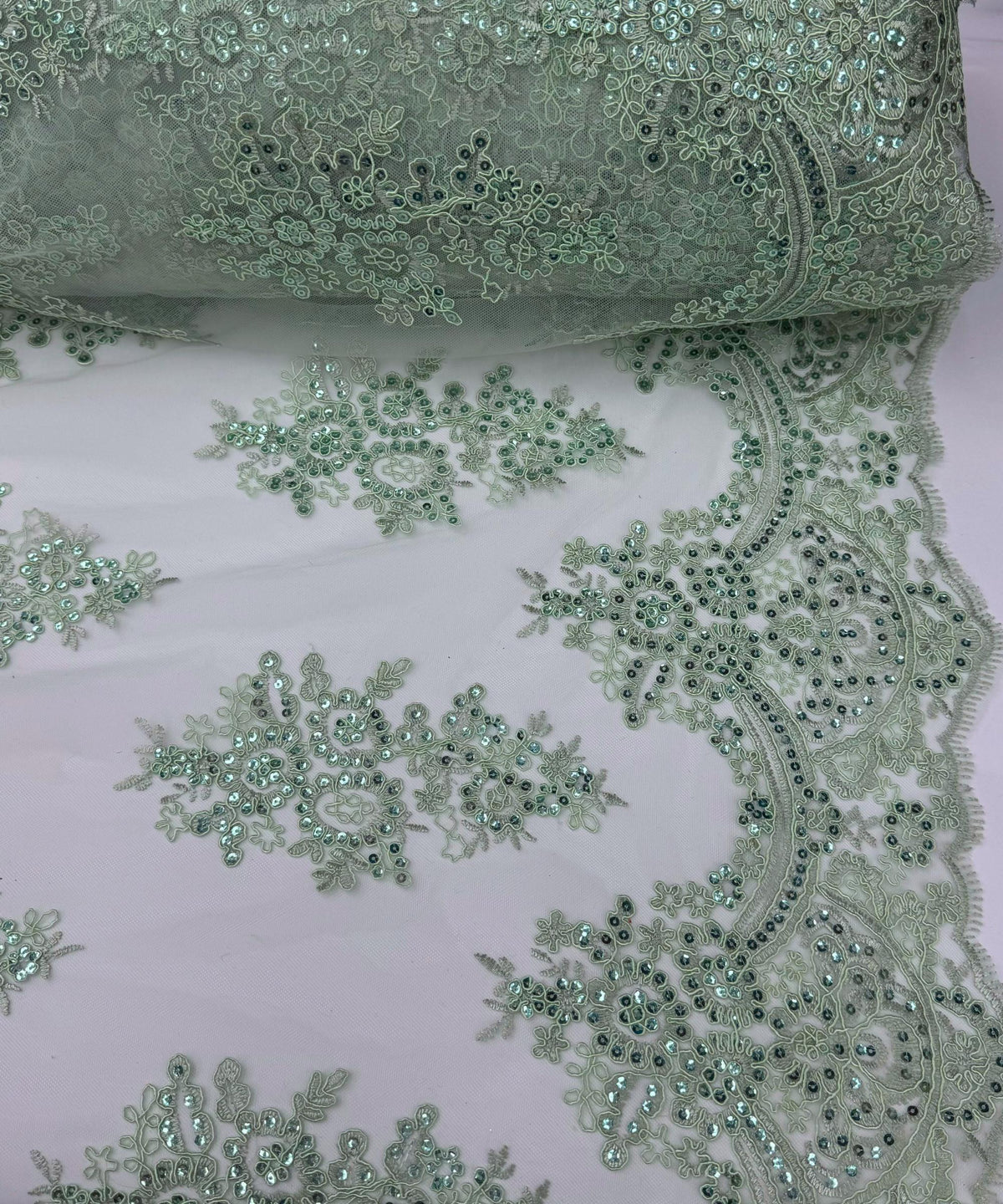 Sage Green Floral Lace by the Yard, Embroidered Sage Green Lace Fabric with Sequins, Sage Lace Embroidery with Sequins on Mesh Lace Fabric