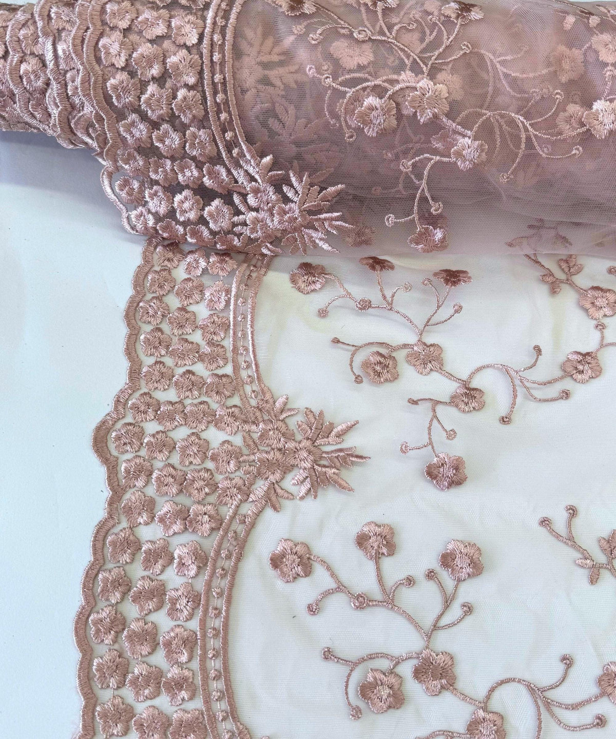 Blush Pink Embroidered Floral Lace Fabric, Floral Embroidery on Mesh Blush Lace Fabric by the Yard, Scalloped Bridal Lace for Wedding Dress