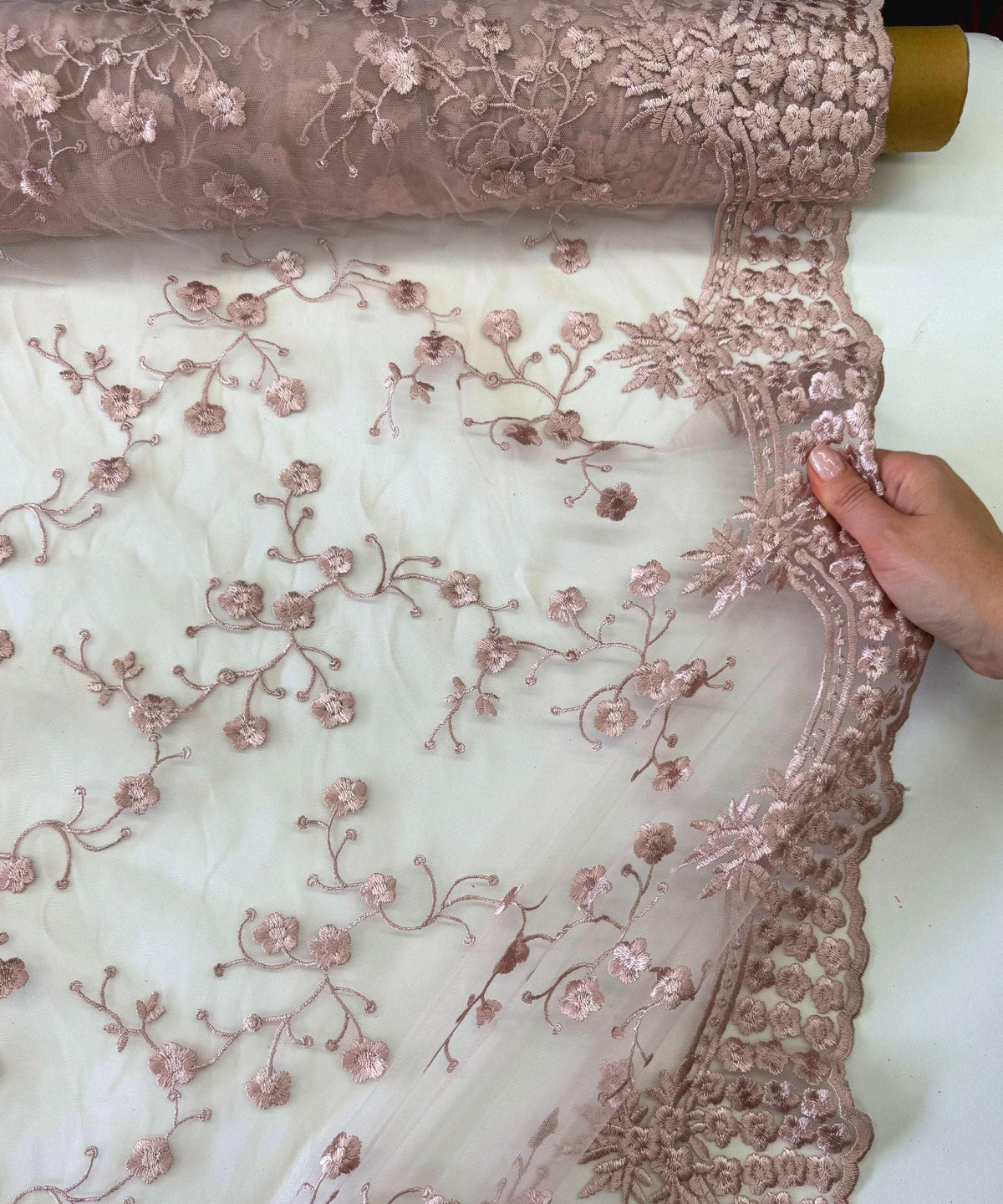 Blush Pink Embroidered Floral Lace Fabric, Floral Embroidery on Mesh Blush Lace Fabric by the Yard, Scalloped Bridal Lace for Wedding Dress
