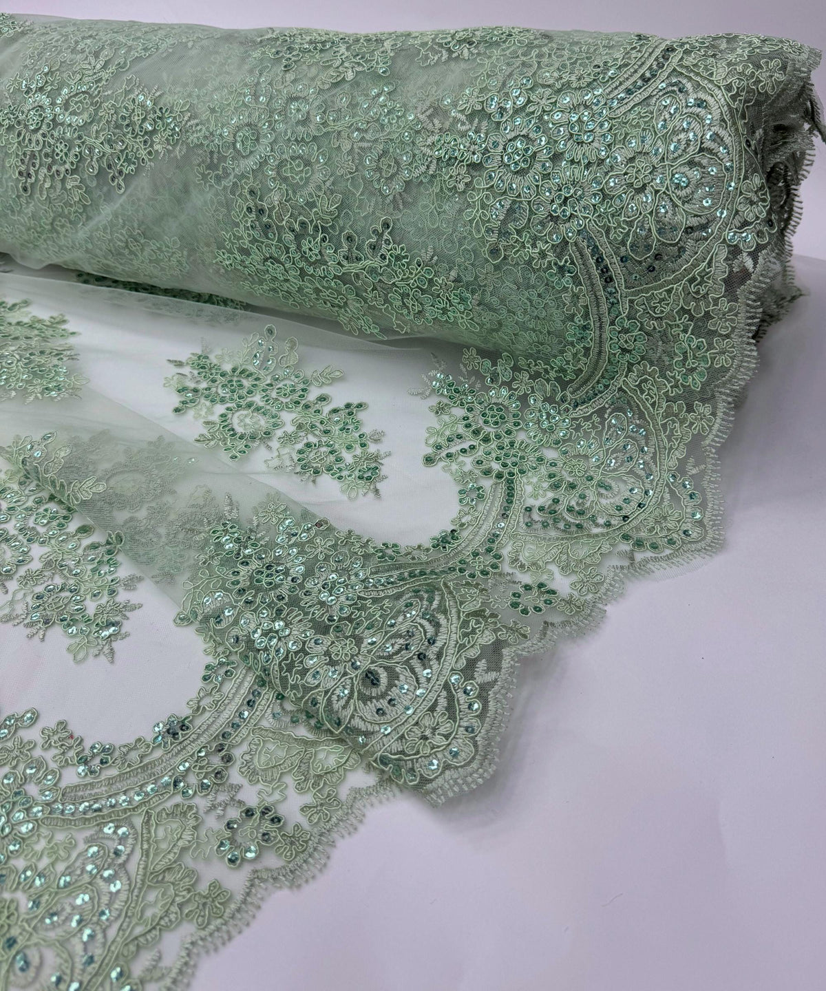 Sage Green Floral Lace by the Yard, Embroidered Sage Green Lace Fabric with Sequins, Sage Lace Embroidery with Sequins on Mesh Lace Fabric