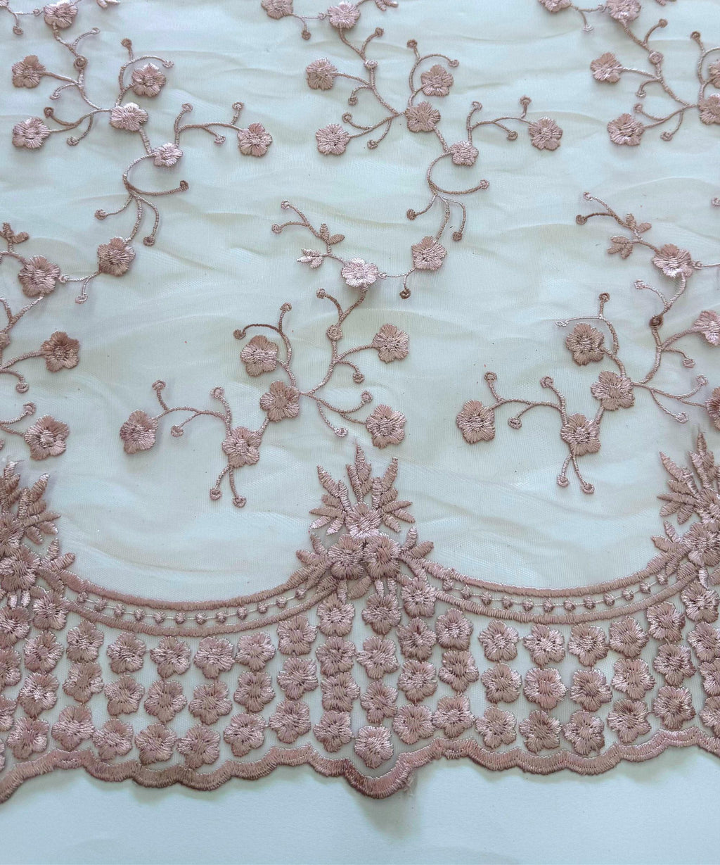 Blush Pink Embroidered Floral Lace Fabric, Floral Embroidery on Mesh Blush Lace Fabric by the Yard, Scalloped Bridal Lace for Wedding Dress