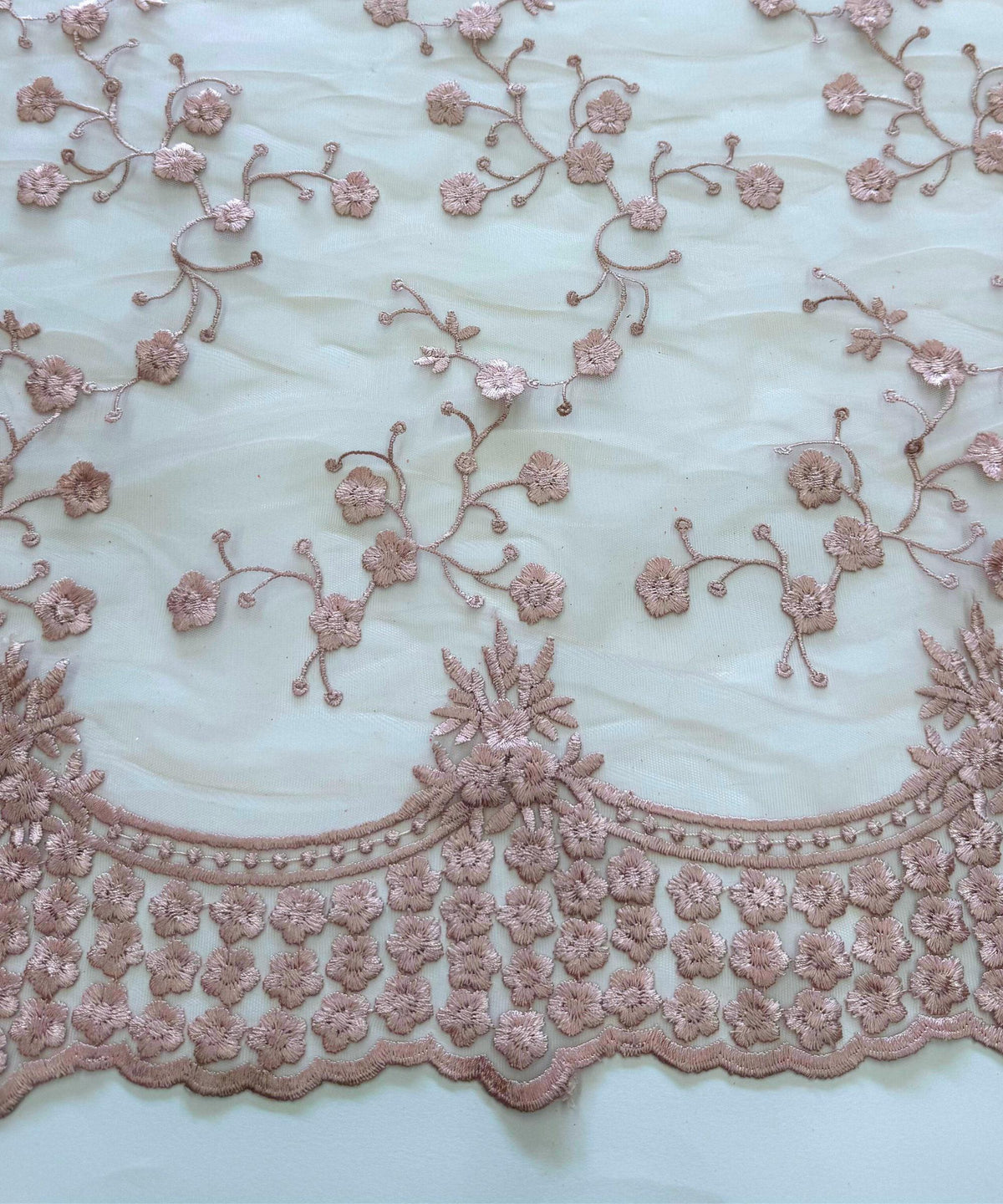 Blush Pink Embroidered Floral Lace Fabric, Floral Embroidery on Mesh Blush Lace Fabric by the Yard, Scalloped Bridal Lace for Wedding Dress