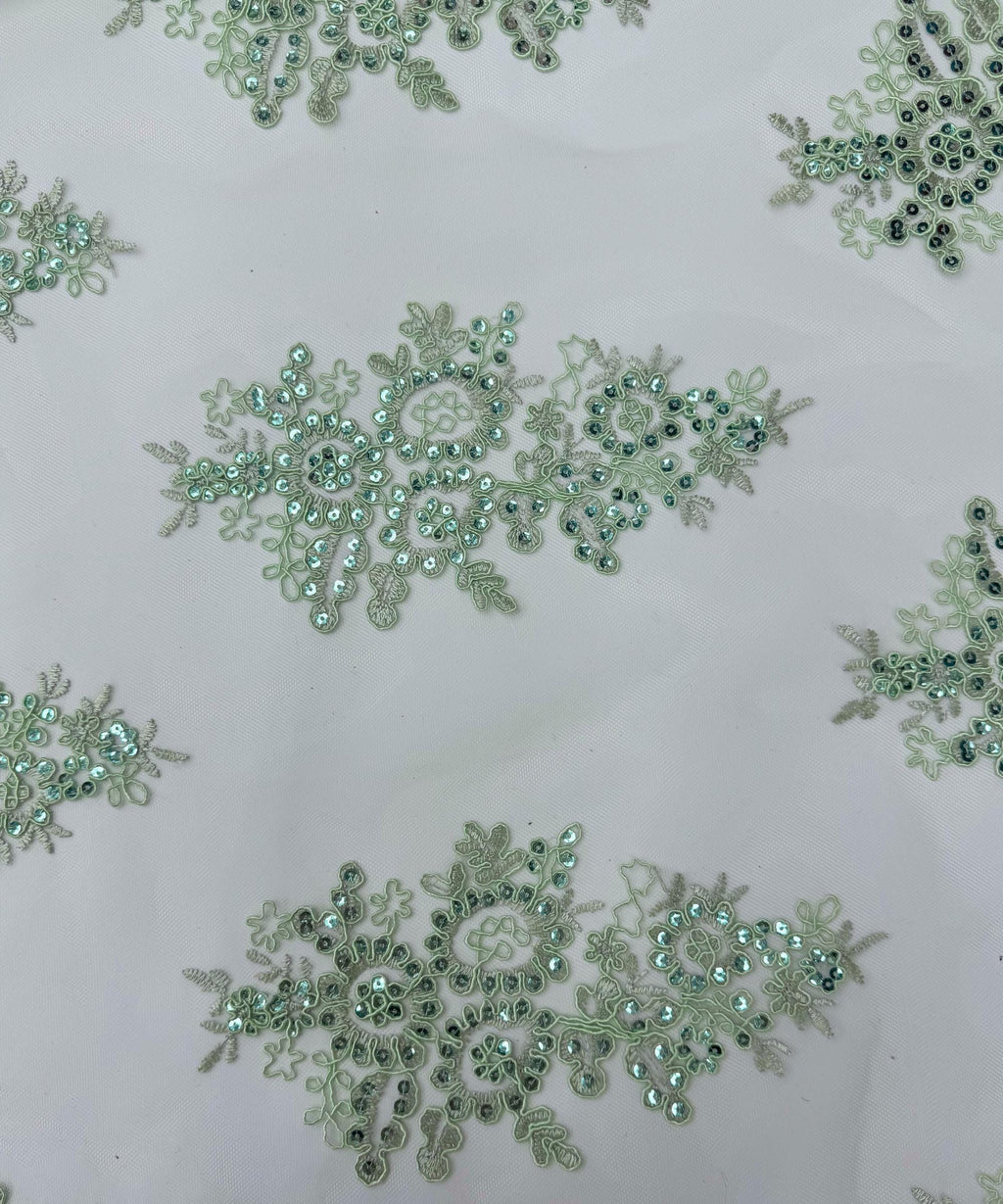Sage Green Floral Lace by the Yard, Embroidered Sage Green Lace Fabric with Sequins, Sage Lace Embroidery with Sequins on Mesh Lace Fabric