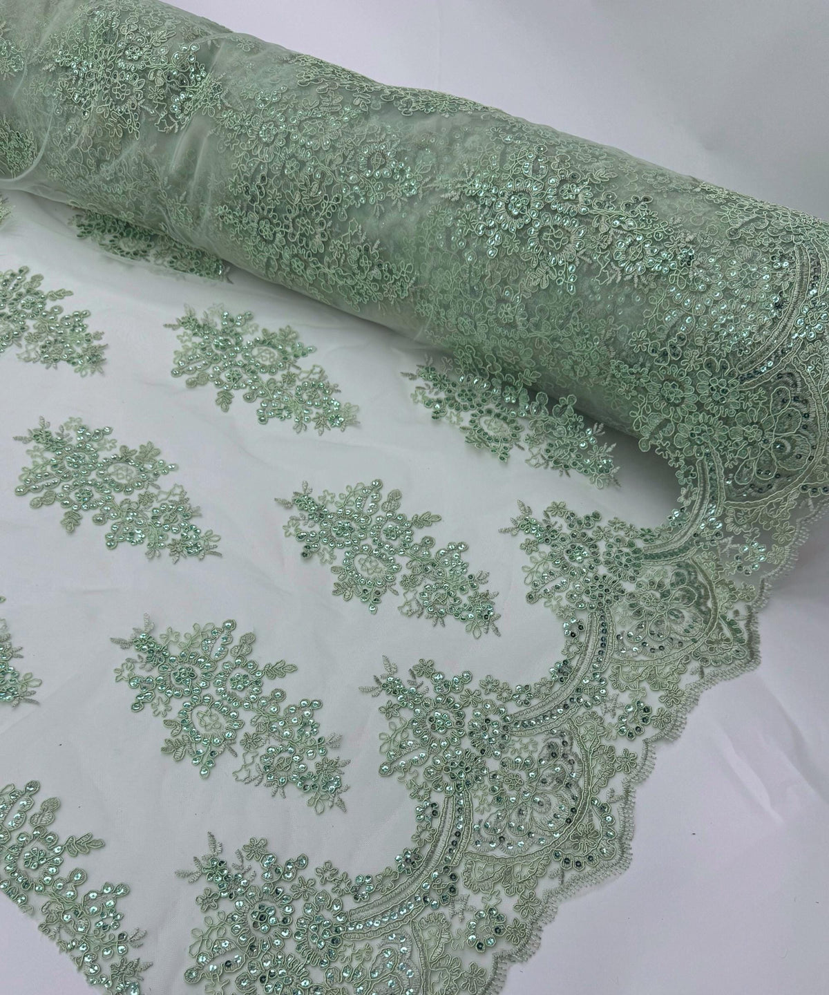 Sage Green Floral Lace by the Yard, Embroidered Sage Green Lace Fabric with Sequins, Sage Lace Embroidery with Sequins on Mesh Lace Fabric